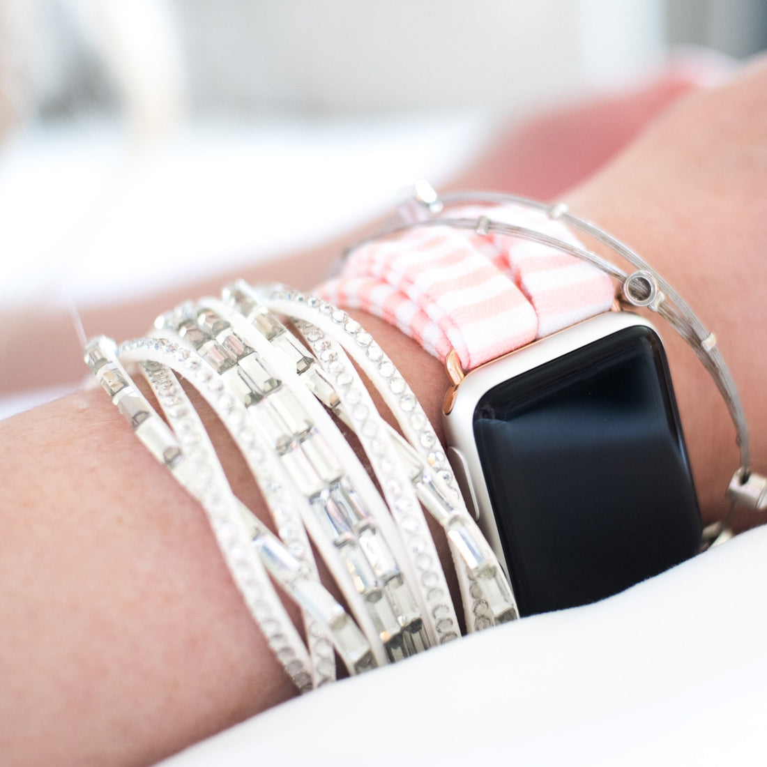 A freshly cleaned Yoga Band® fabric watch band just put on after being pulled from the dryer. The image demonstrates that these patent-pending, stretchy watch straps are 100% machine washable and dryer safe.