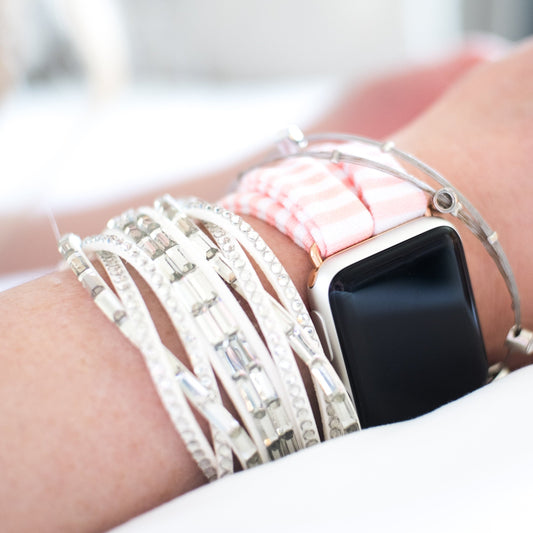 A freshly cleaned Yoga Band® fabric watch band just put on after being pulled from the dryer. The image demonstrates that these patent-pending, stretchy watch straps are 100% machine washable and dryer safe.