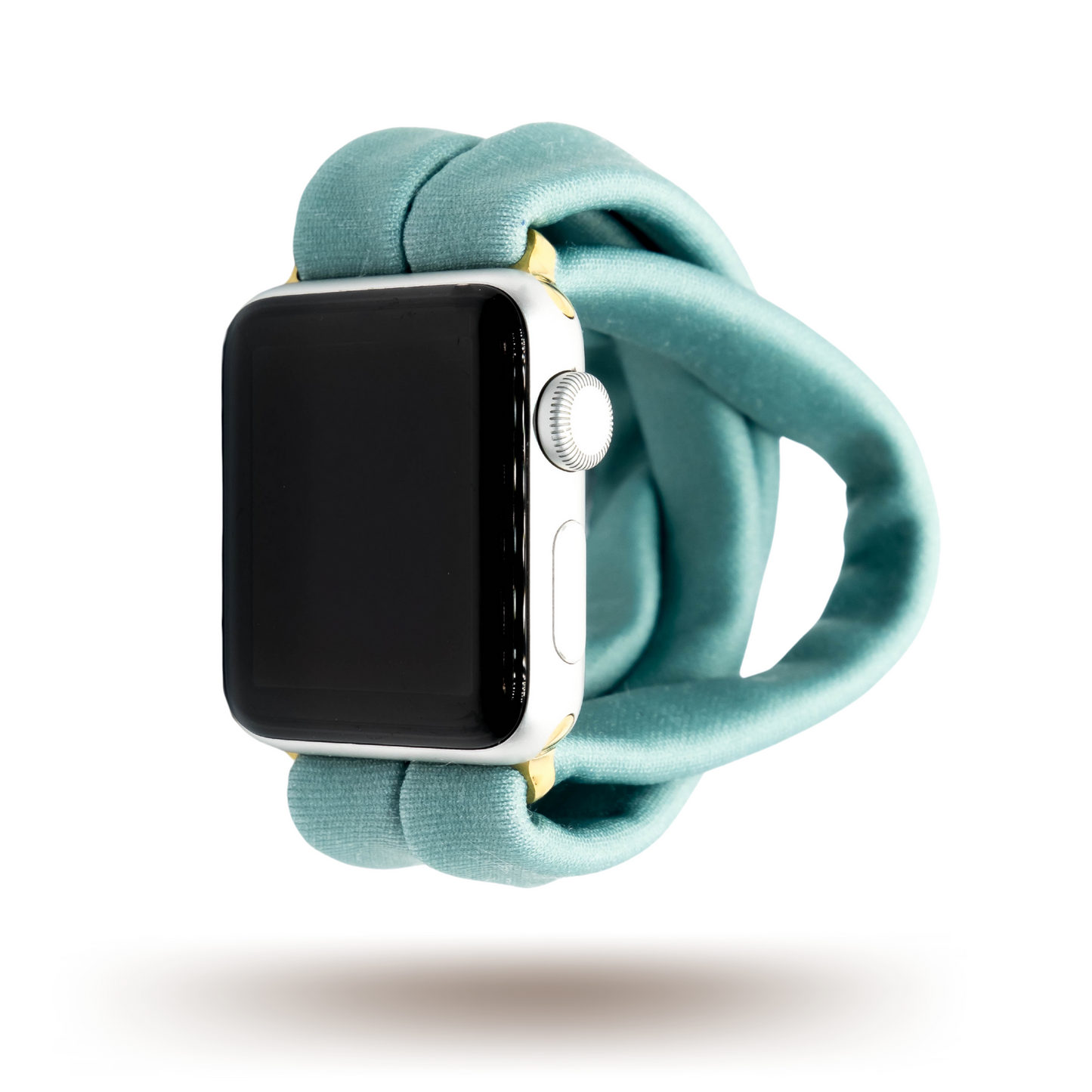Adriatic Turquoise Yoga Band® fabric watch strap shown in a vibrant teal color. This breathable, stretchy watch band is handcrafted for comfort and is compatible with Apple Watch, Fitbit, and Samsung Galaxy.