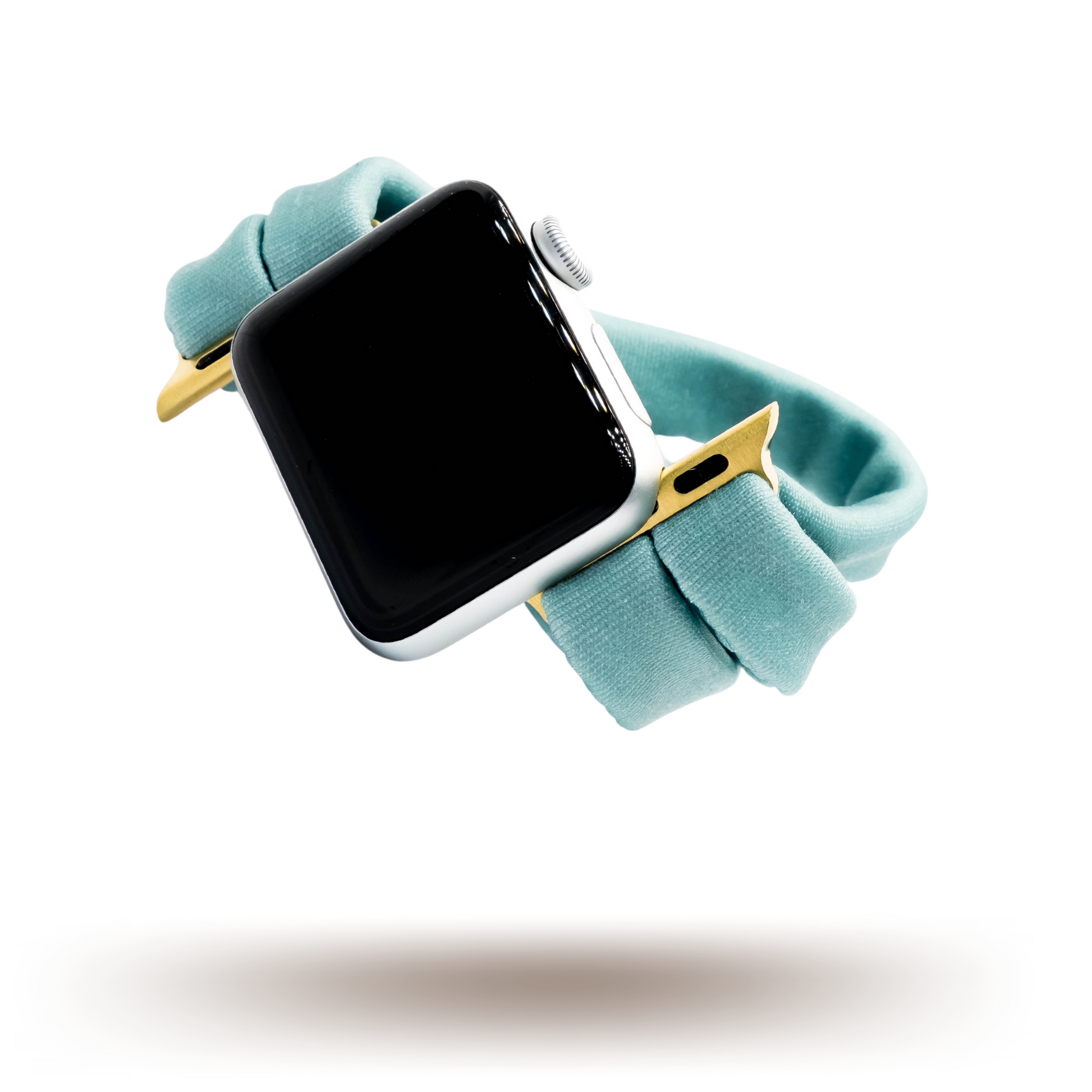 Adriatic Turquoise Yoga Band® fabric watch strap shown in a vibrant teal color. This breathable, stretchy watch band is handcrafted for comfort and is compatible with Apple Watch, Fitbit, and Samsung Galaxy.