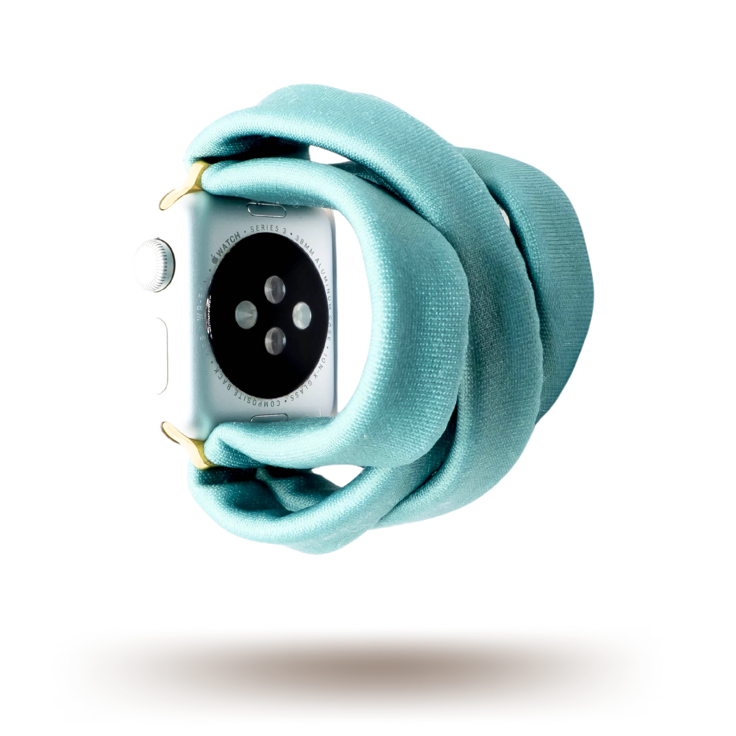Adriatic Turquoise Yoga Band® fabric watch strap shown in a vibrant teal color. This breathable, stretchy watch band is handcrafted for comfort and is compatible with Apple Watch, Fitbit, and Samsung Galaxy.