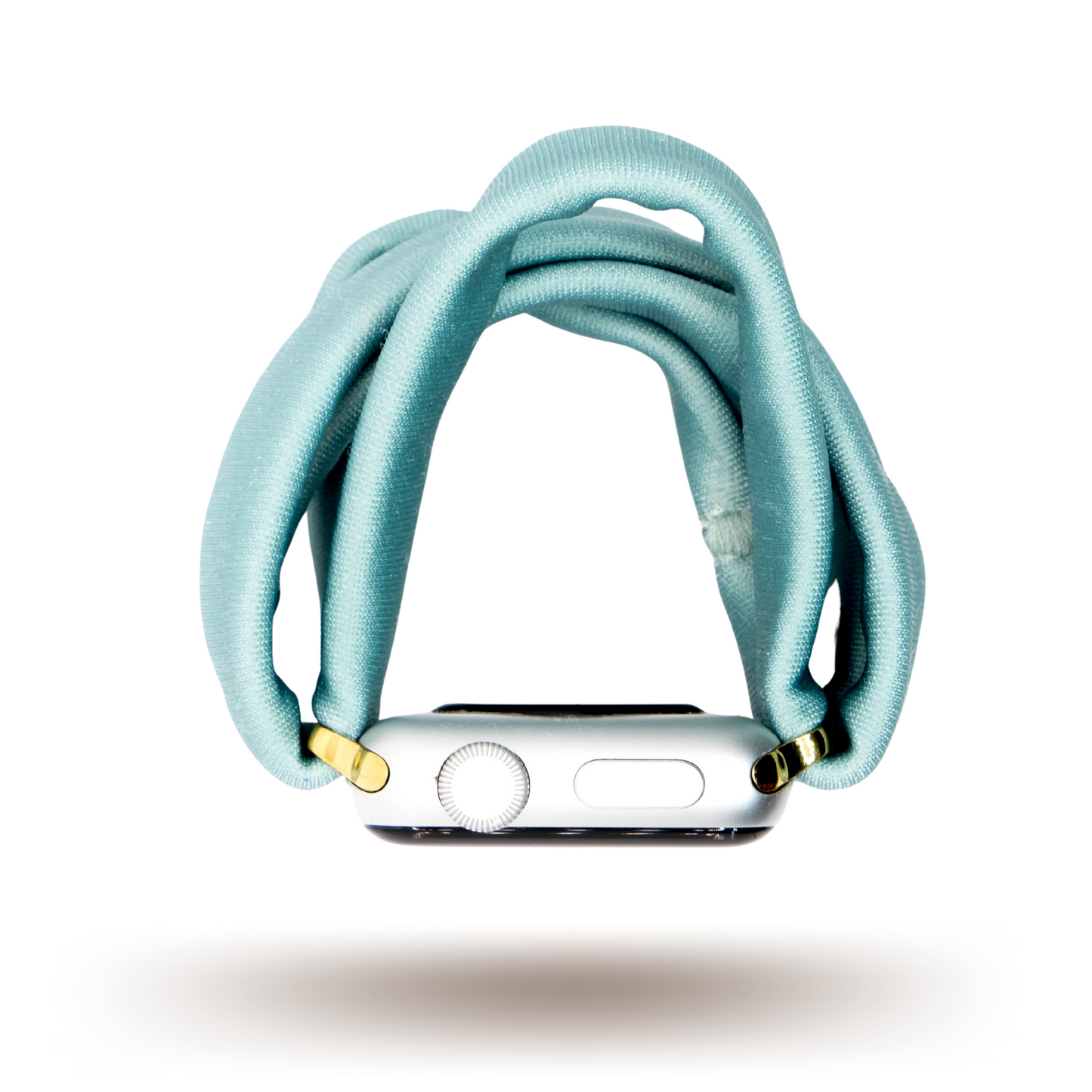 Adriatic Turquoise Yoga Band® fabric watch strap shown in a vibrant teal color. This breathable, stretchy watch band is handcrafted for comfort and is compatible with Apple Watch, Fitbit, and Samsung Galaxy.