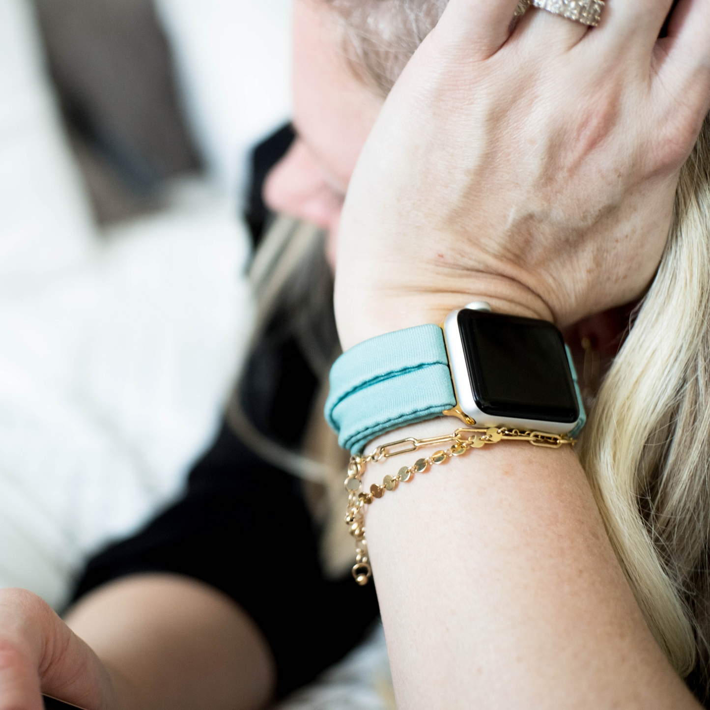 Adriatic Turquoise Yoga Band® fabric watch strap shown in a vibrant teal color. This breathable, stretchy watch band is handcrafted for comfort and is compatible with Apple Watch, Fitbit, and Samsung Galaxy.