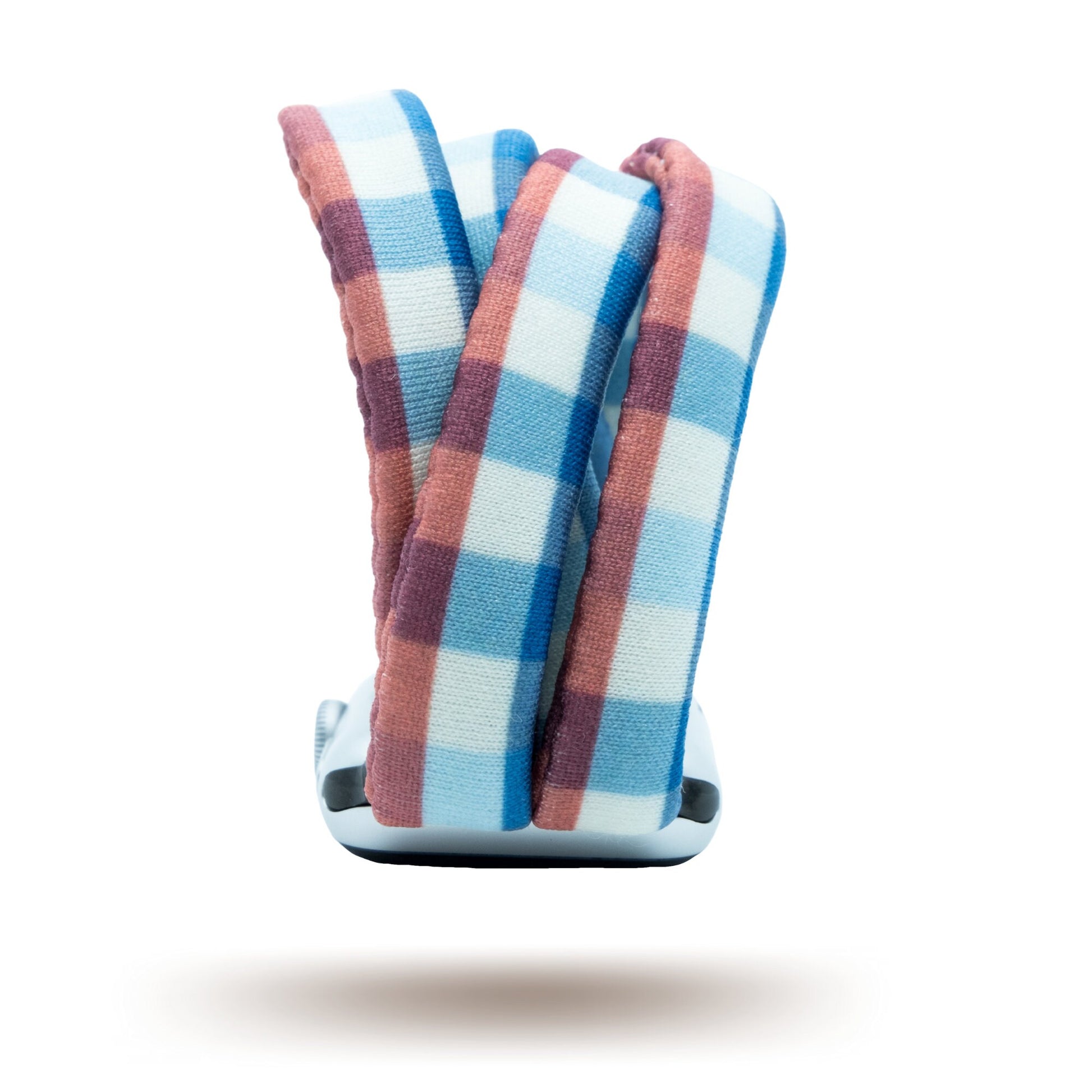 Americana Gingham Yoga Band® featuring a classic blue and white checkered fabric pattern. This stretchy, breathable watch strap is handcrafted and compatible with Apple Watch, Fitbit, and Samsung Galaxy trackers.