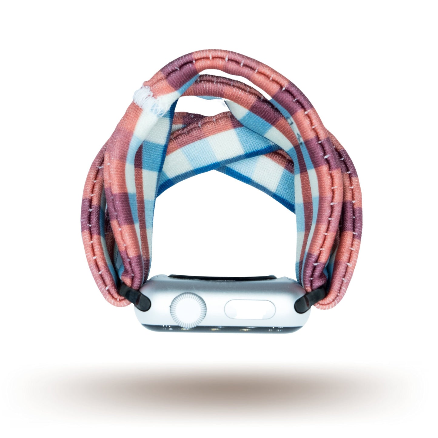 Americana Gingham Yoga Band® featuring a classic blue and white checkered fabric pattern. This stretchy, breathable watch strap is handcrafted and compatible with Apple Watch, Fitbit, and Samsung Galaxy trackers.