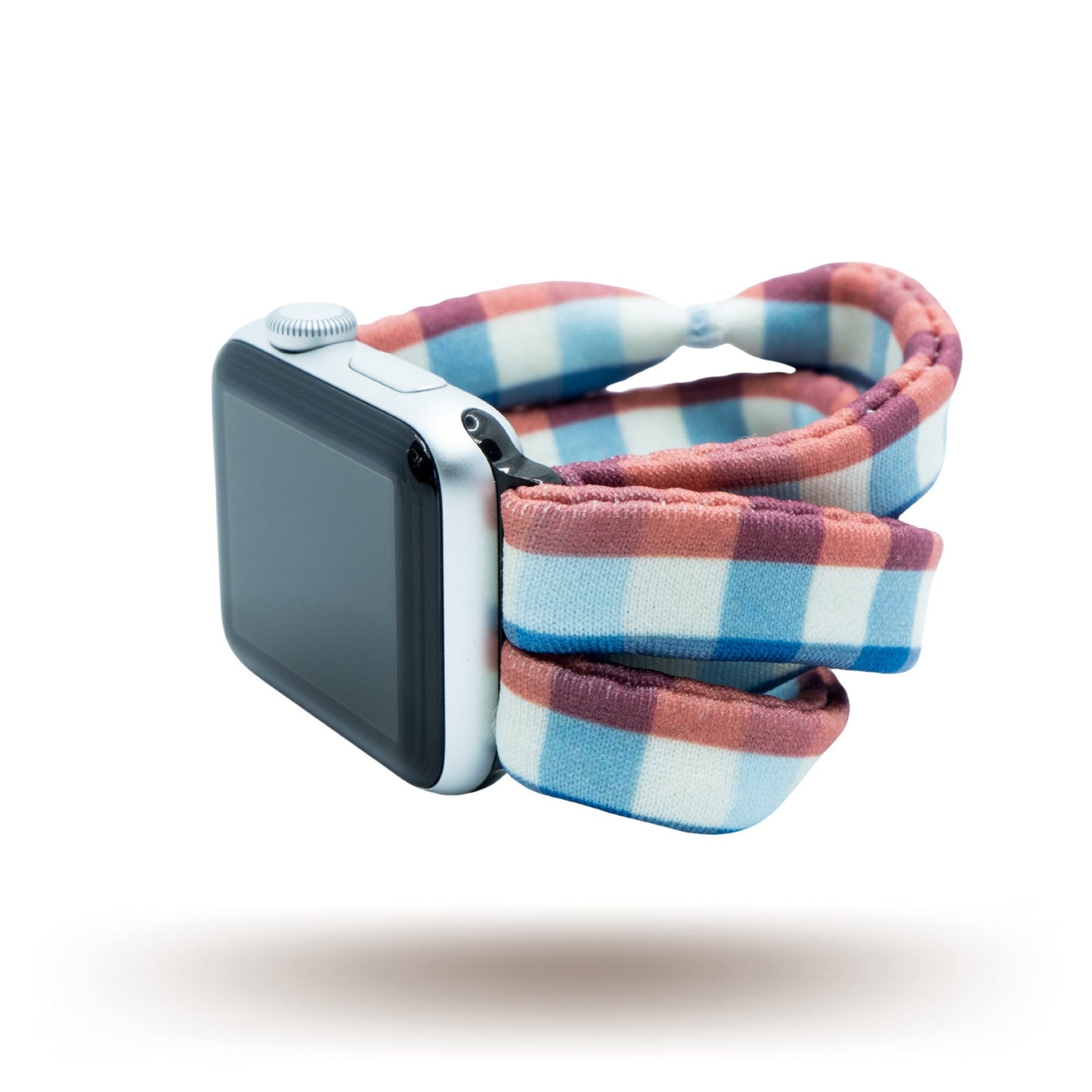 Americana Gingham Yoga Band® featuring a classic blue and white checkered fabric pattern. This stretchy, breathable watch strap is handcrafted and compatible with Apple Watch, Fitbit, and Samsung Galaxy trackers.