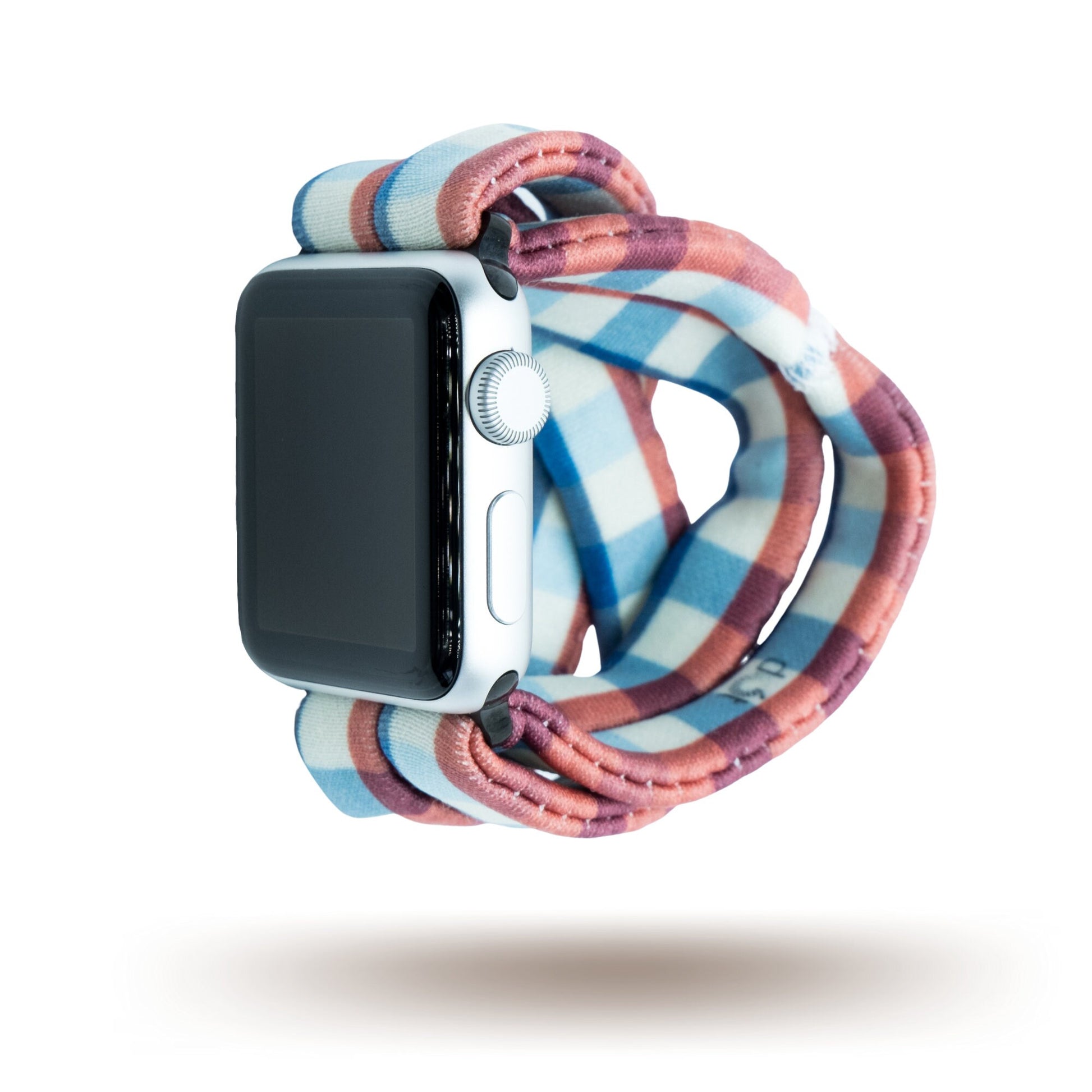 Americana Gingham Yoga Band® featuring a classic blue and white checkered fabric pattern. This stretchy, breathable watch strap is handcrafted and compatible with Apple Watch, Fitbit, and Samsung Galaxy trackers.