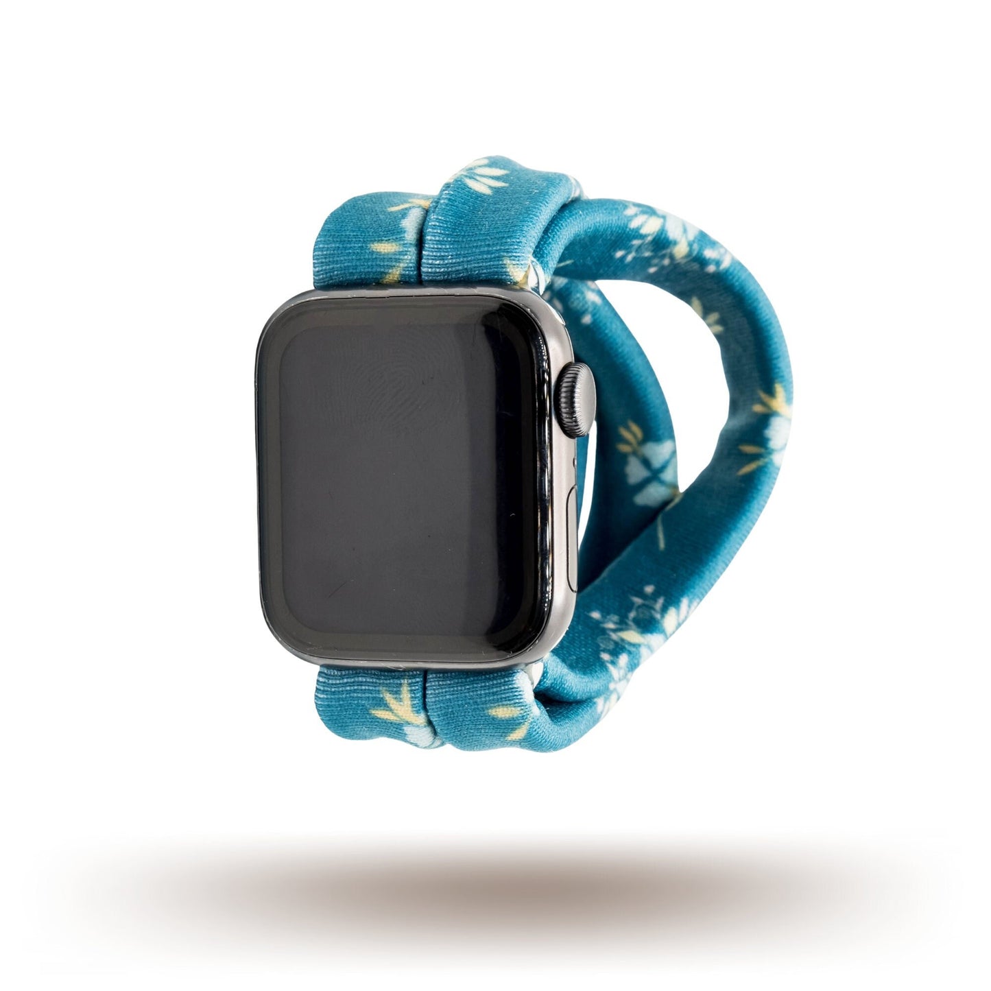 Azure Garden Yoga Band® featuring a blue floral print on a light fabric background. This breathable, stretchy handcrafted watch strap is compatible with Apple Watch, Fitbit, and Samsung Galaxy models.