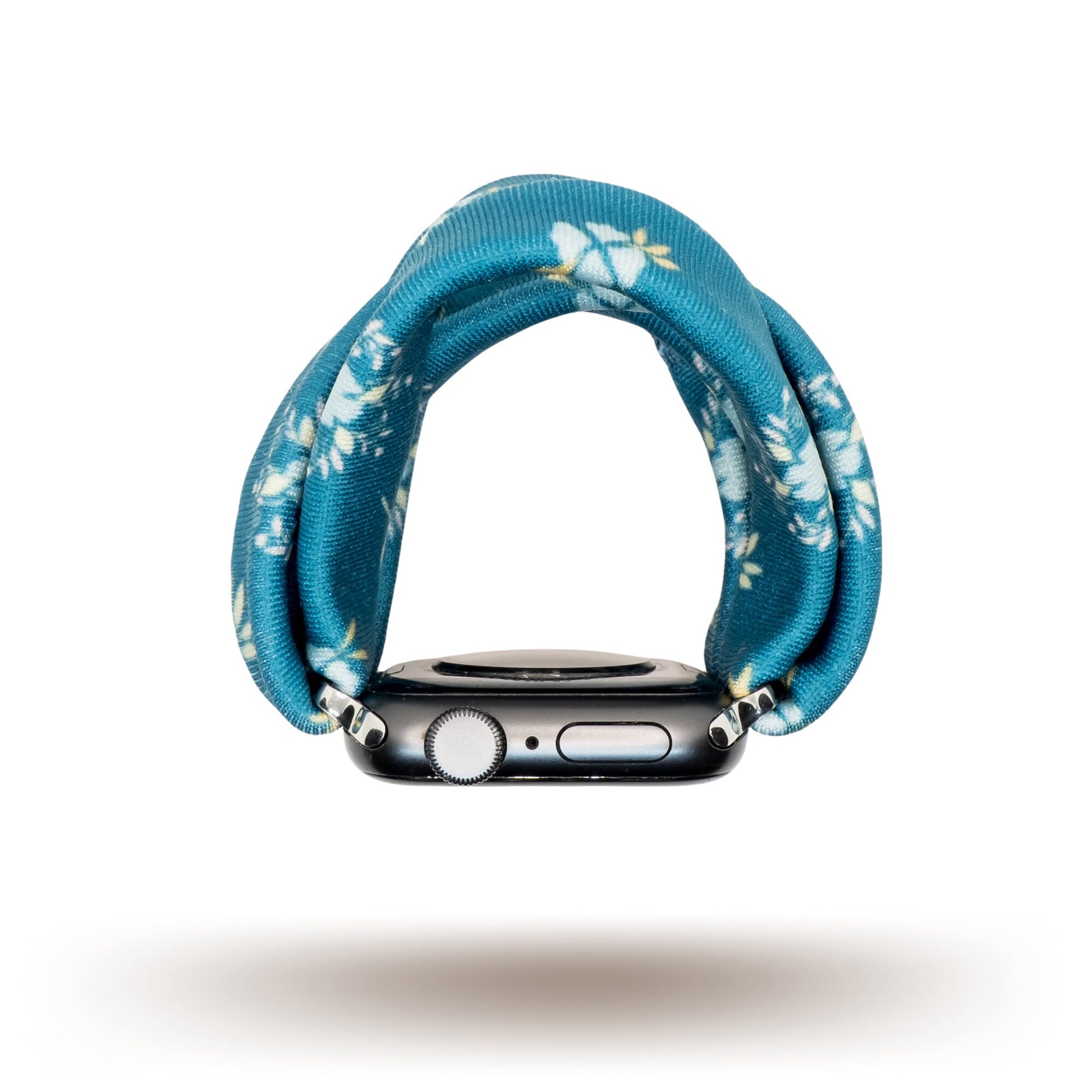 Azure Garden Yoga Band® featuring a blue floral print on a light fabric background. This breathable, stretchy handcrafted watch strap is compatible with Apple Watch, Fitbit, and Samsung Galaxy models.