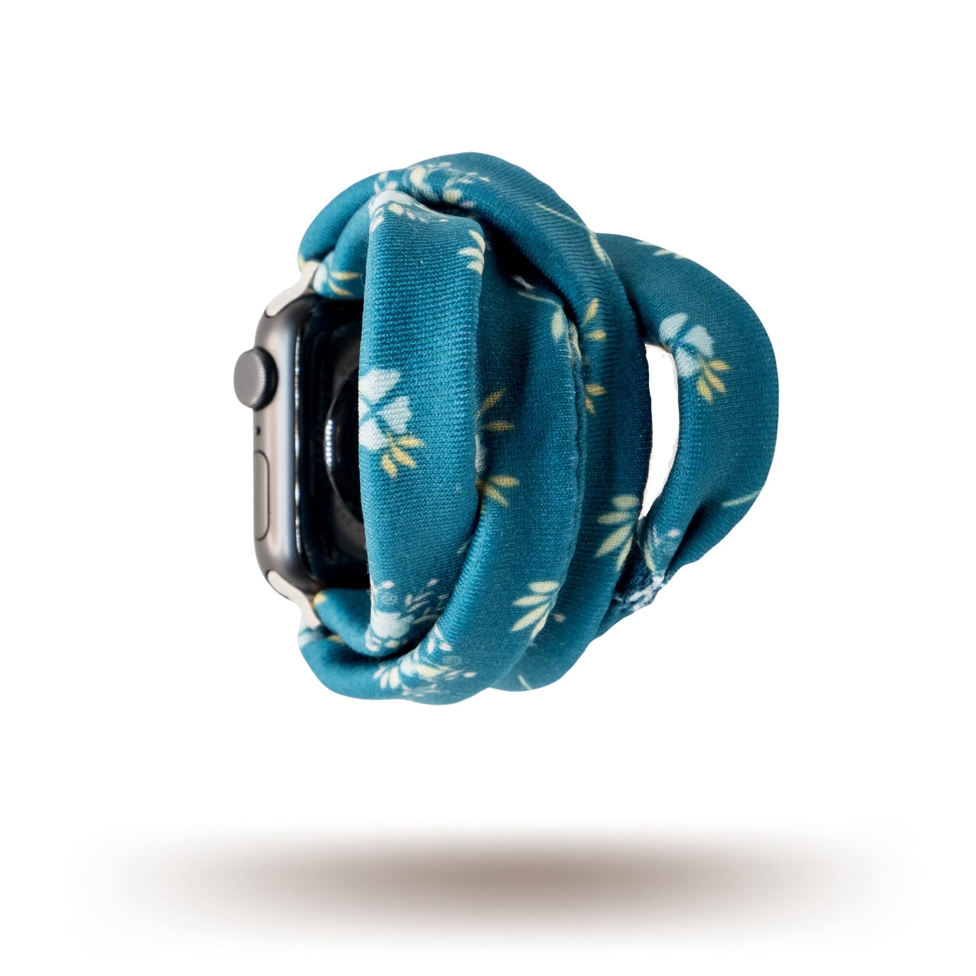 Azure Garden Yoga Band® featuring a blue floral print on a light fabric background. This breathable, stretchy handcrafted watch strap is compatible with Apple Watch, Fitbit, and Samsung Galaxy models.
