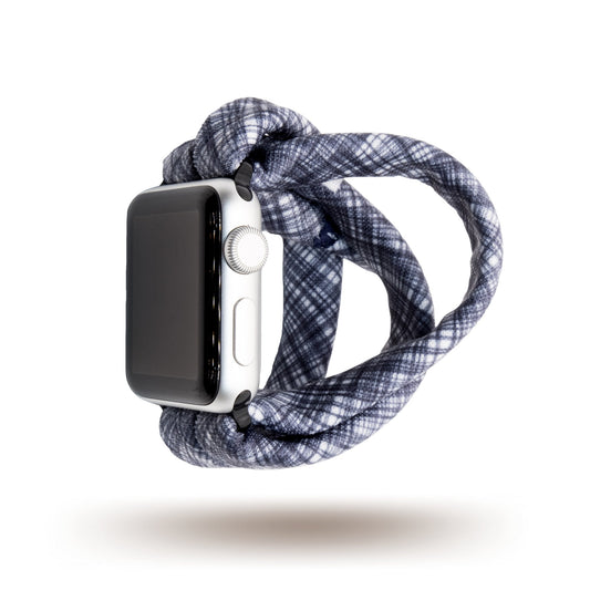 Black Crosshatch Yoga Band® featuring a subtle textured black fabric print. This breathable, stretchy handcrafted watch strap is compatible with Apple Watch, Fitbit, and Samsung Galaxy models.