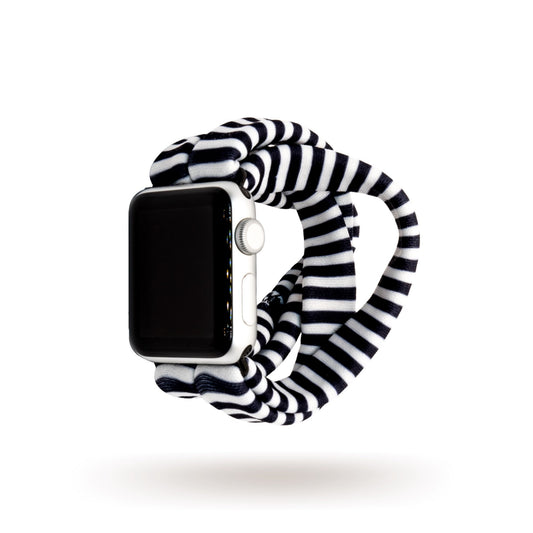 Black Mini Stripes Yoga Band® featuring a subtle black and grey striped fabric pattern. A breathable, stretchy handcrafted watch strap compatible with Apple Watch, Fitbit, and Samsung Galaxy models.