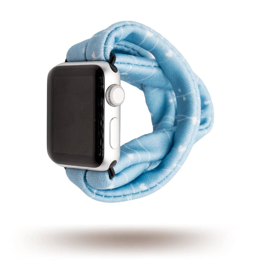 Blue Heartstrings Yoga Band® featuring a delicate heart print on a baby blue fabric background. This breathable, stretchy watch strap with a patent-pending design is compatible with Apple Watch, Fitbit, and Samsung Galaxy models.