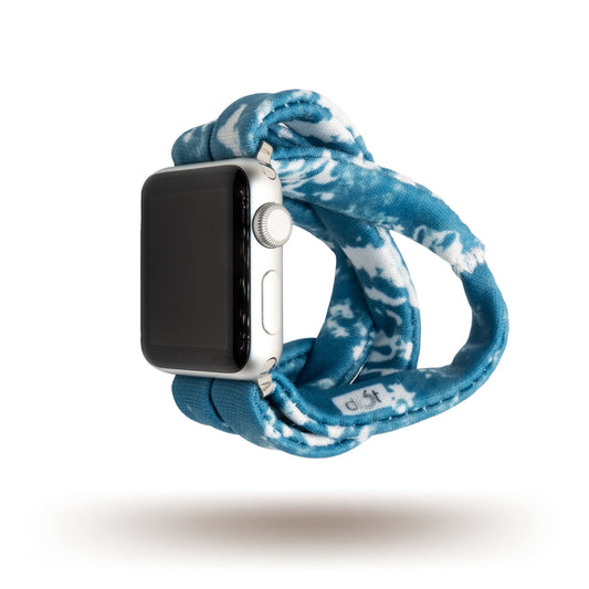 Blue Tie Dye Yoga Band® featuring a blue and white tie-dye pattern. A breathable, stretchy watch strap with a patent-pending design compatible with Apple Watch, Fitbit, and Samsung Galaxy models.