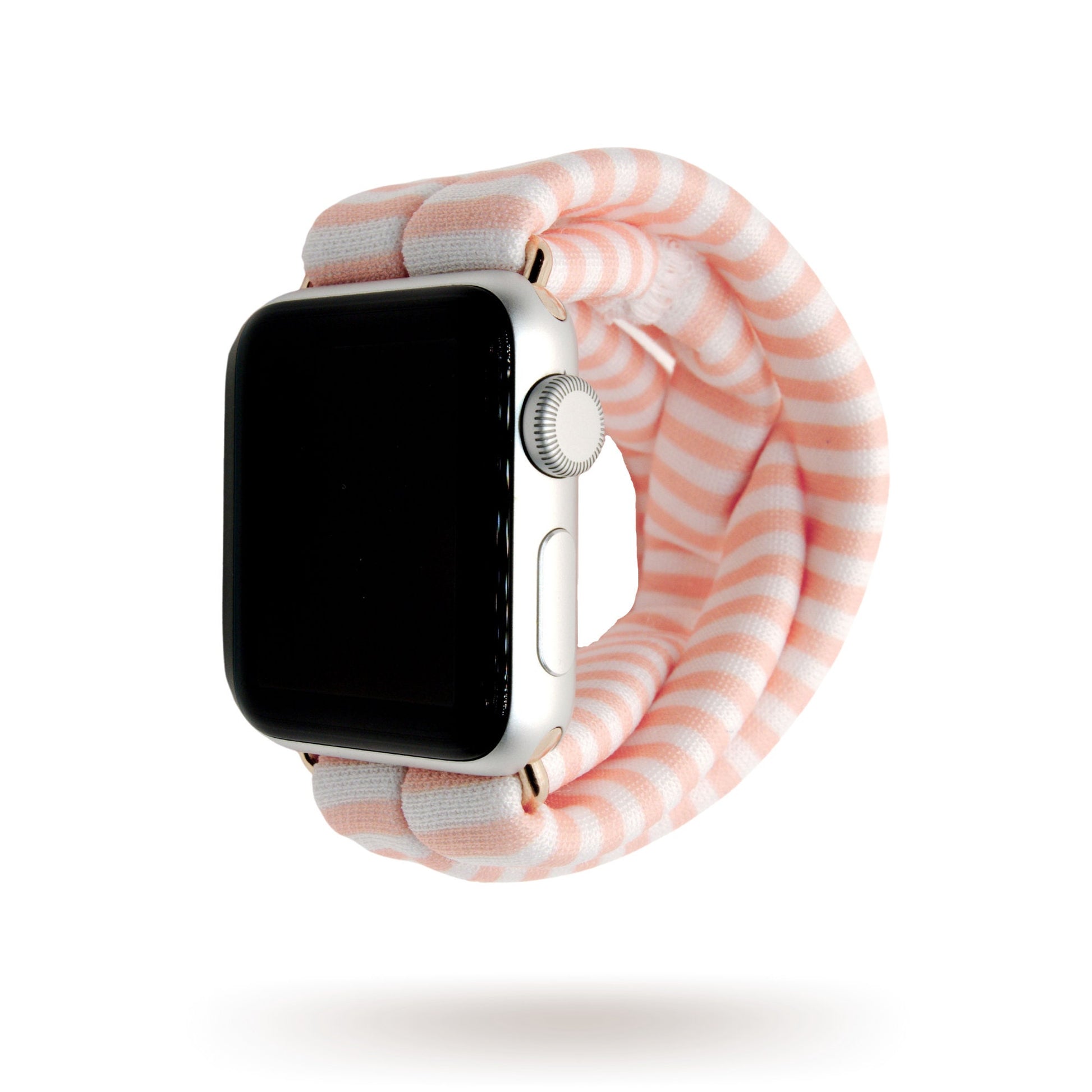 Blush Mini-Stripes Yoga Band® featuring a pink and white thin striped pattern. A breathable, stretchy watch strap with a patent-pending design compatible with Apple Watch, Fitbit, and Samsung Galaxy models.