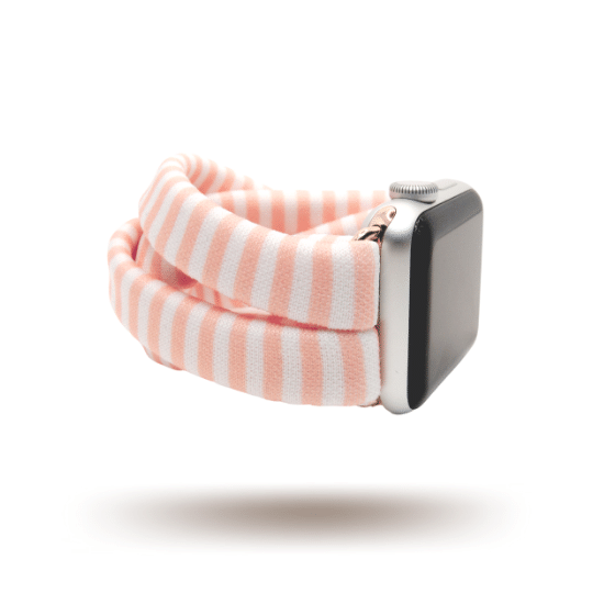 Blush Mini-Stripes Yoga Band® featuring a pink and white thin striped pattern. A breathable, stretchy watch strap with a patent-pending design compatible with Apple Watch, Fitbit, and Samsung Galaxy models.