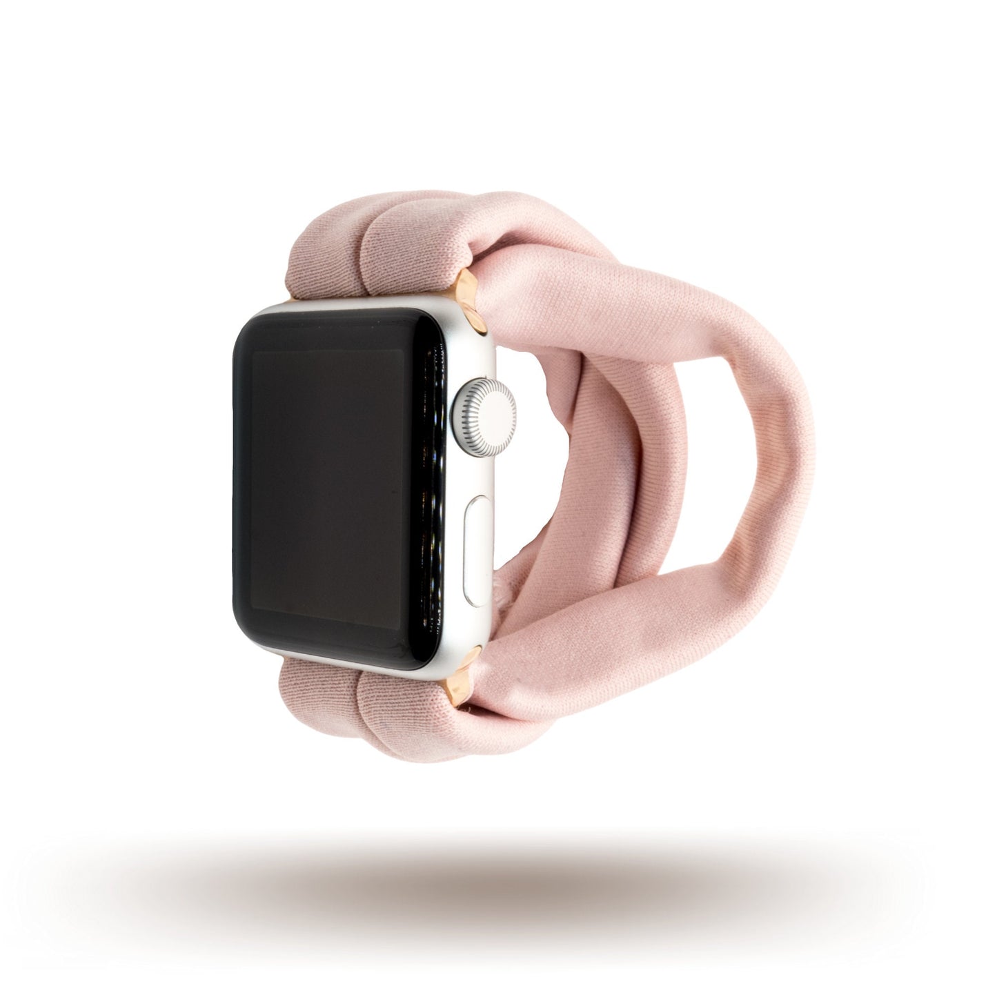Blush Pink Yoga Band® in a solid pale pink knit fabric. A breathable, stretchy watch strap with a patent-pending design compatible with Apple Watch, Fitbit, and Samsung Galaxy models.