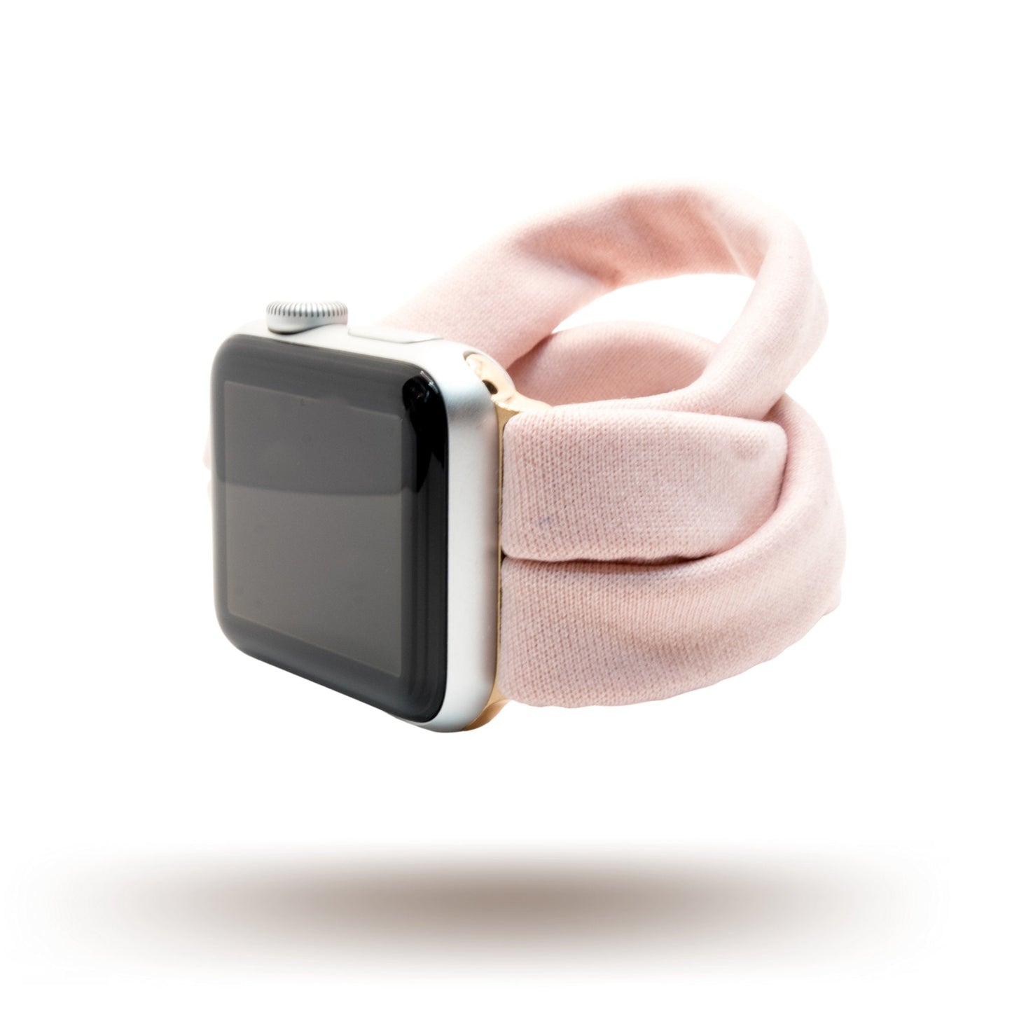 Blush Pink Yoga Band® in a solid pale pink knit fabric. A breathable, stretchy watch strap with a patent-pending design compatible with Apple Watch, Fitbit, and Samsung Galaxy models.