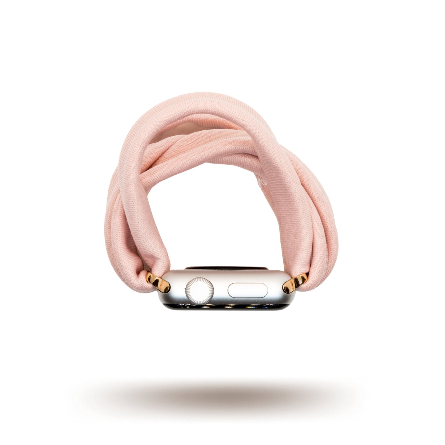 Blush Pink Yoga Band® in a solid pale pink knit fabric. A breathable, stretchy watch strap with a patent-pending design compatible with Apple Watch, Fitbit, and Samsung Galaxy models.