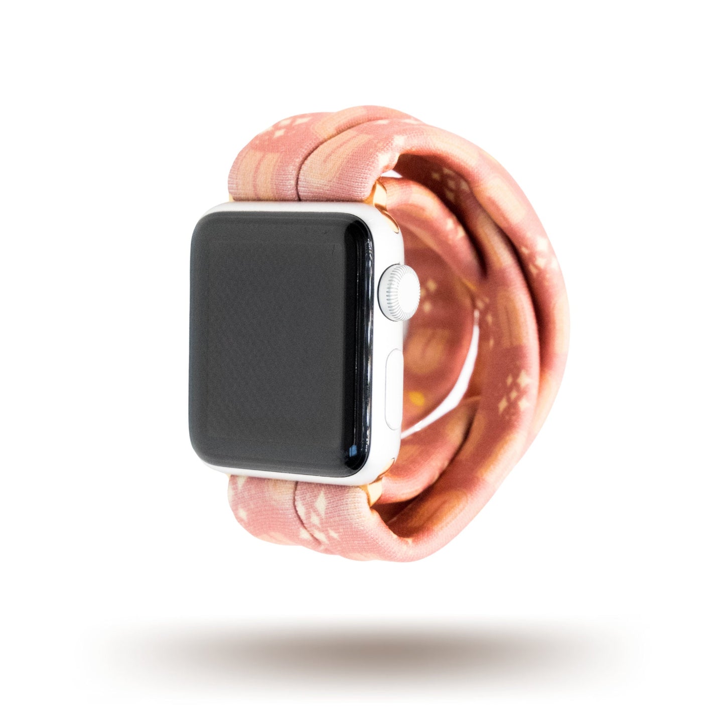 Bohemian Glow Yoga Band® featuring a vibrant yellow boho pattern on a red fabric background. This breathable, stretchy watch strap with a patent-pending design is compatible with Apple Watch, Fitbit, and Samsung Galaxy models.
