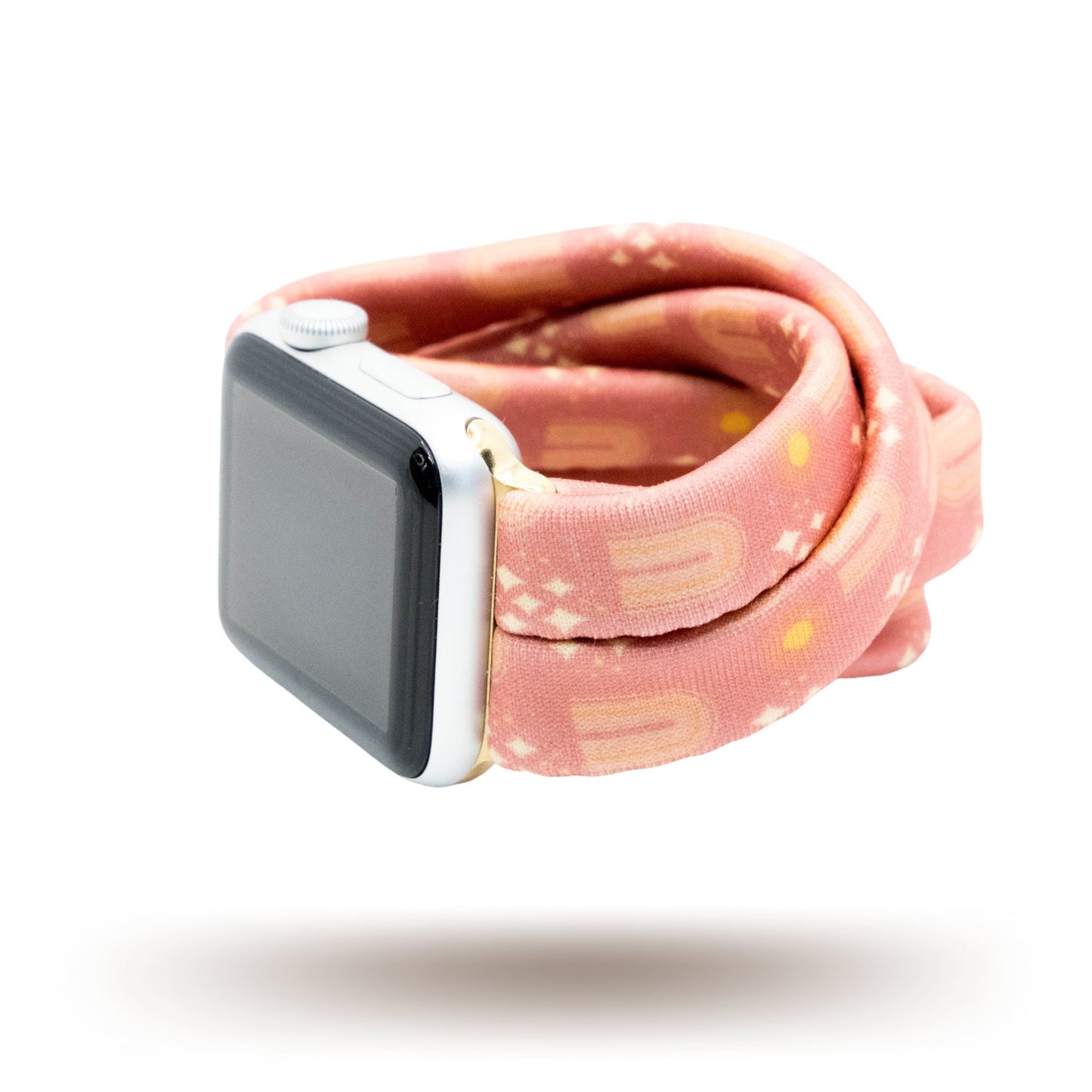Bohemian Glow Yoga Band® featuring a vibrant yellow boho pattern on a red fabric background. This breathable, stretchy watch strap with a patent-pending design is compatible with Apple Watch, Fitbit, and Samsung Galaxy models.