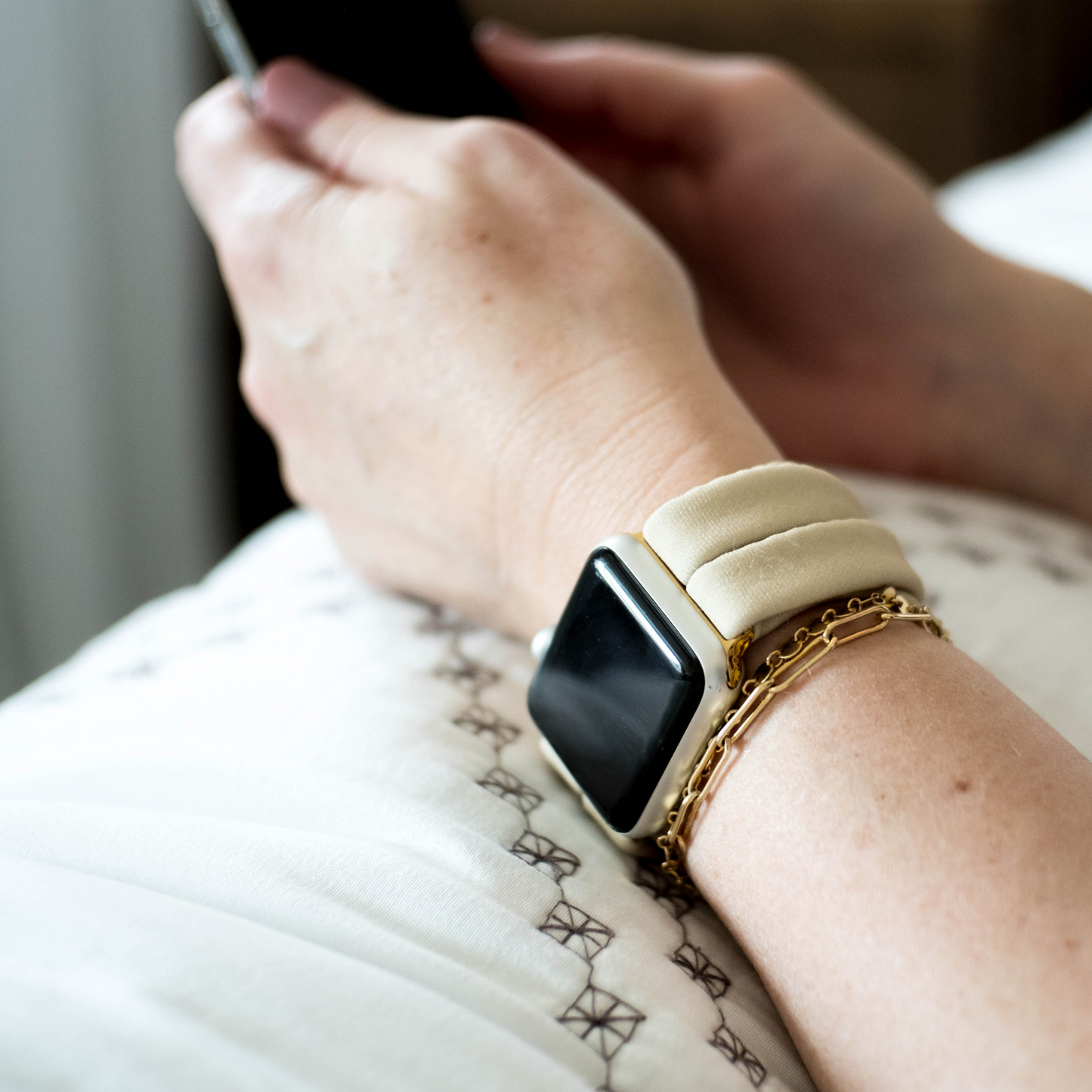 British Khaki Yoga Band® in a solid tan knit fabric. A breathable, stretchy watch strap with a patent-pending design compatible with Apple Watch, Fitbit, and Samsung Galaxy models.