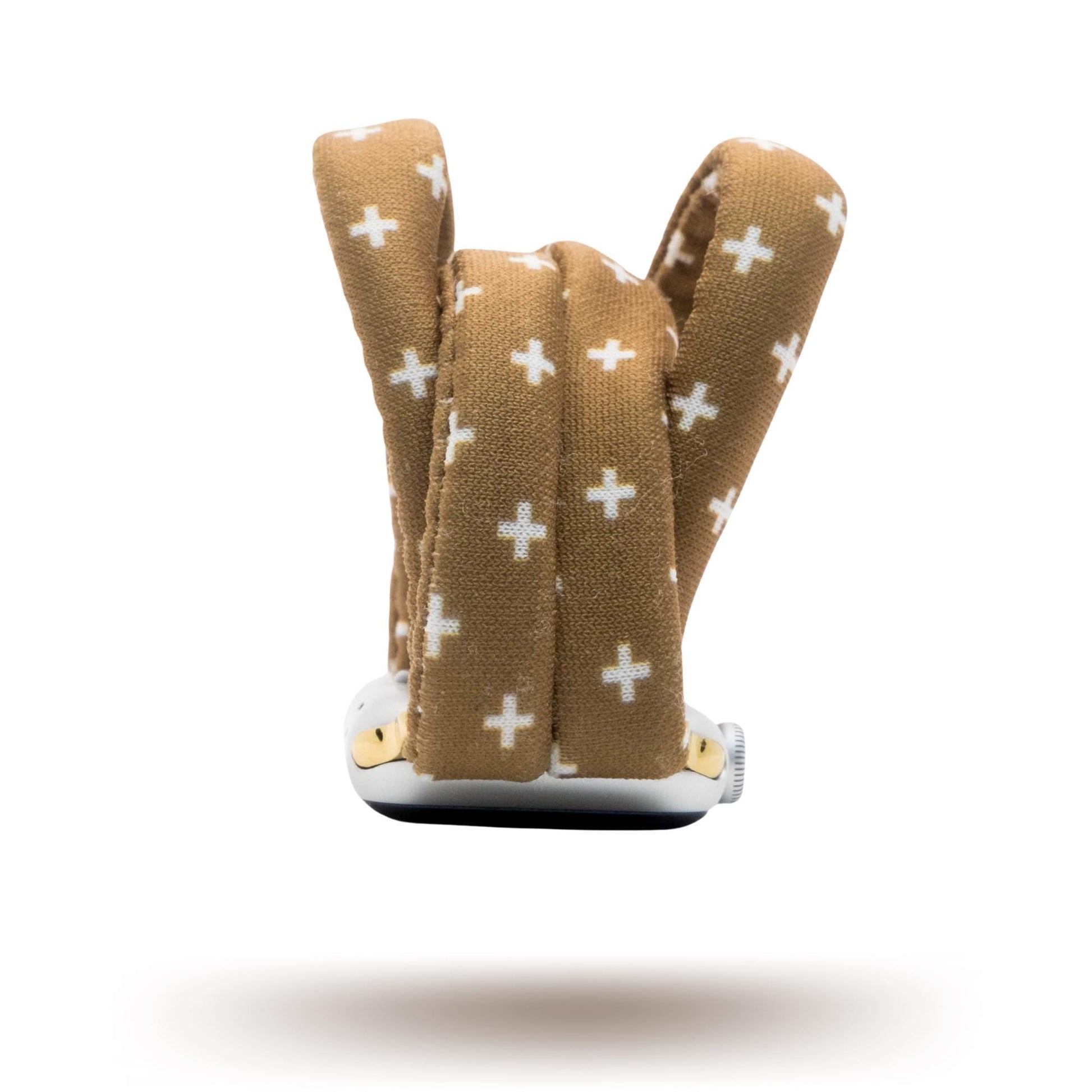 Chestnut Plus Yoga Band® featuring a white plus pattern on a warm brown fabric background. A breathable, stretchy watch strap with a patent-pending design compatible with Apple Watch, Fitbit, and Samsung Galaxy models.