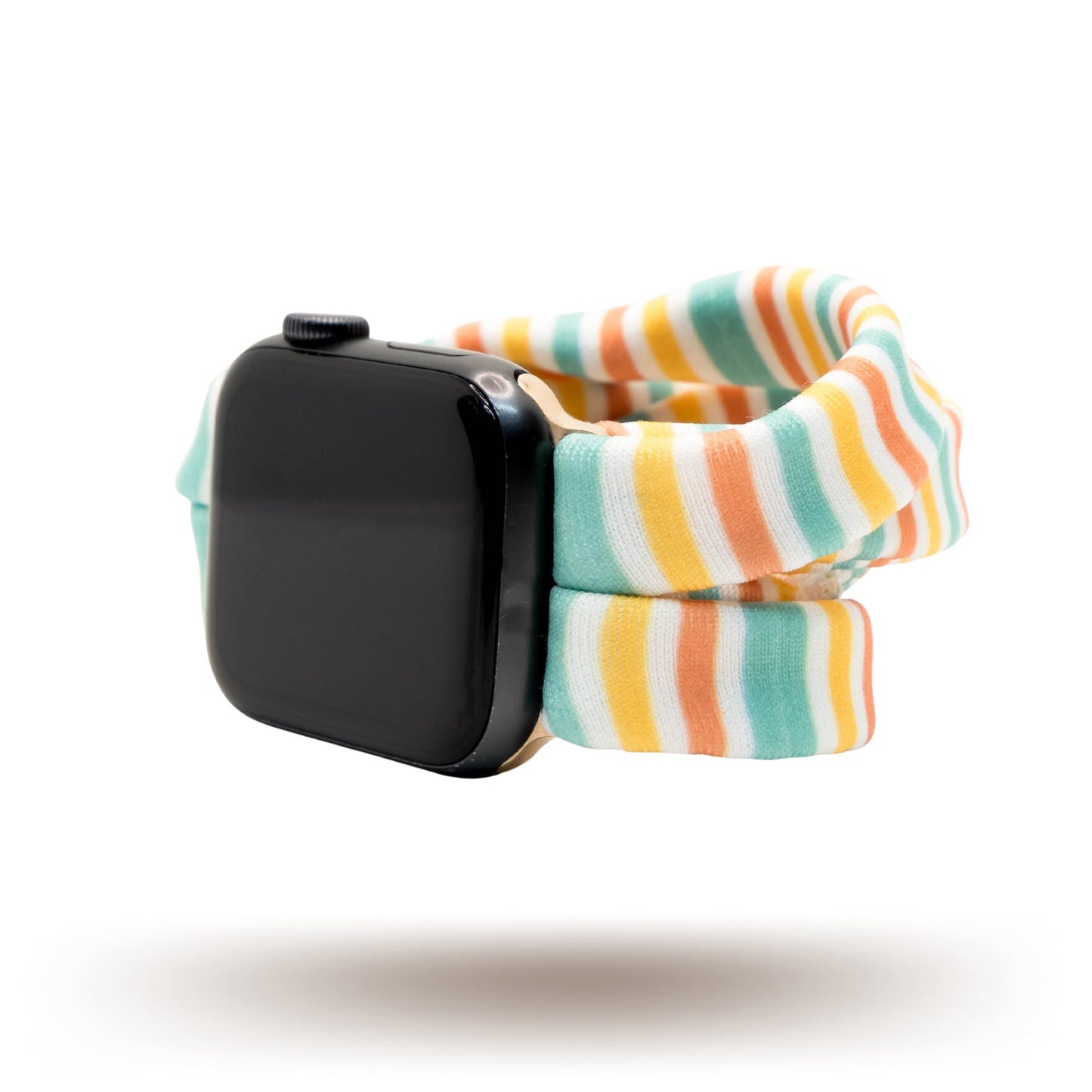 Citrus Stripes Yoga Band® featuring bright yellow, orange, and teal stripes. A breathable, stretchy watch strap with a patent-pending design compatible with Apple Watch, Fitbit, and Samsung Galaxy models.