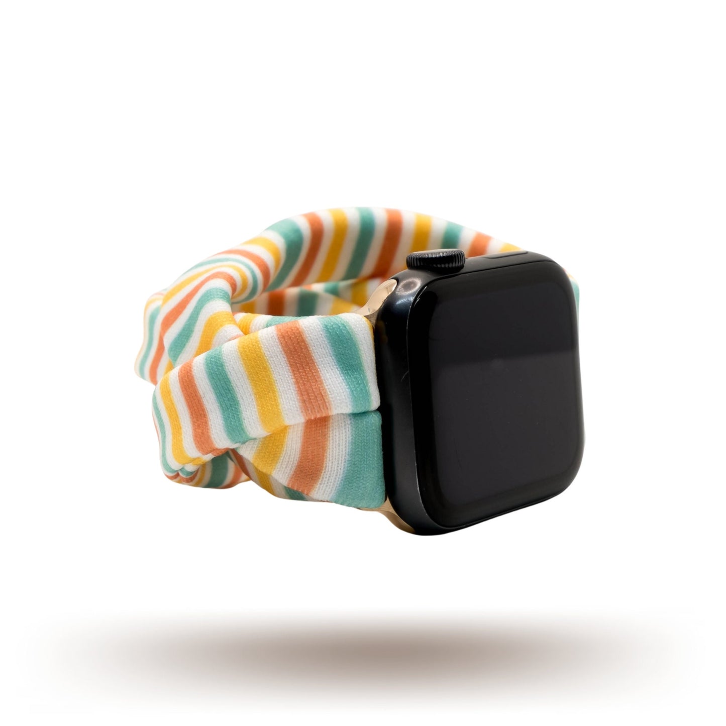 Citrus Stripes Yoga Band® featuring bright yellow, orange, and teal stripes. A breathable, stretchy watch strap with a patent-pending design compatible with Apple Watch, Fitbit, and Samsung Galaxy models.
