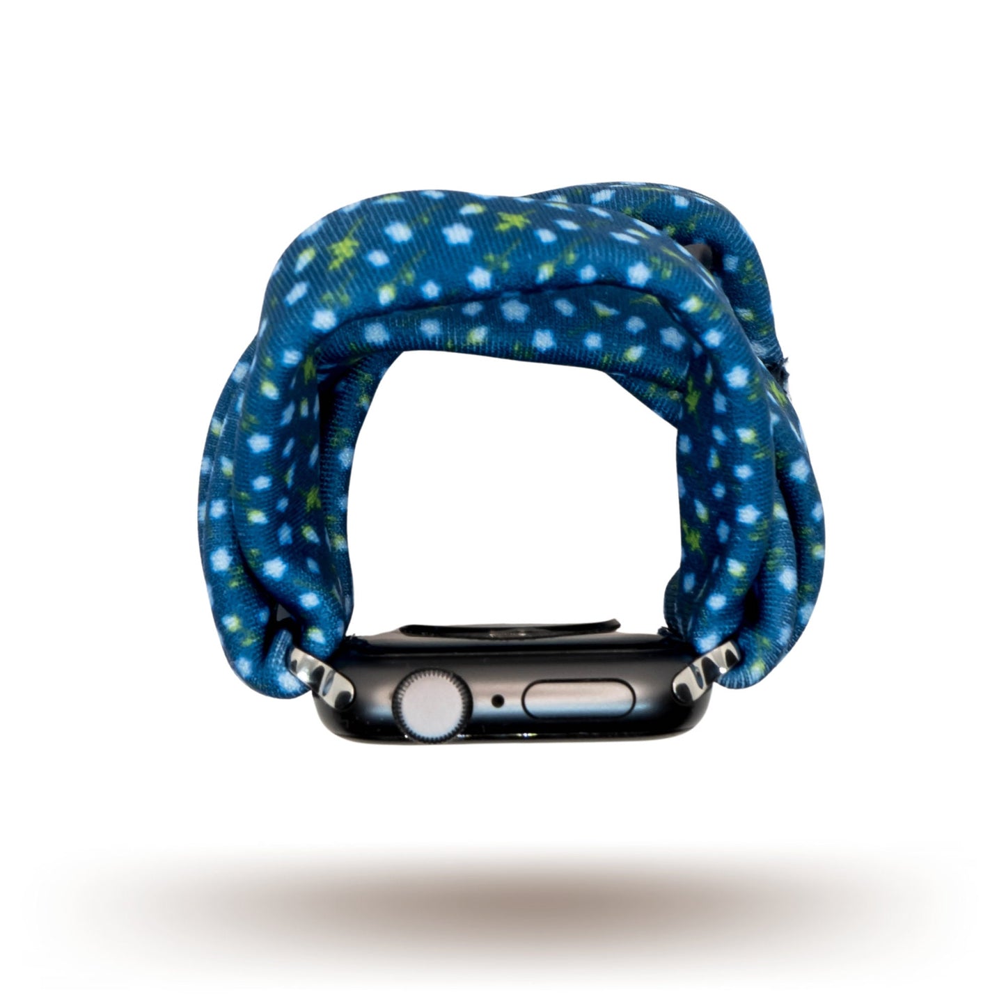 Cobalt Vineyard Yoga Band® featuring a blue and green vine print on a deep cobalt blue fabric. A breathable, stretchy watch strap with a patent-pending design compatible with Apple Watch, Fitbit, and Samsung Galaxy models.
