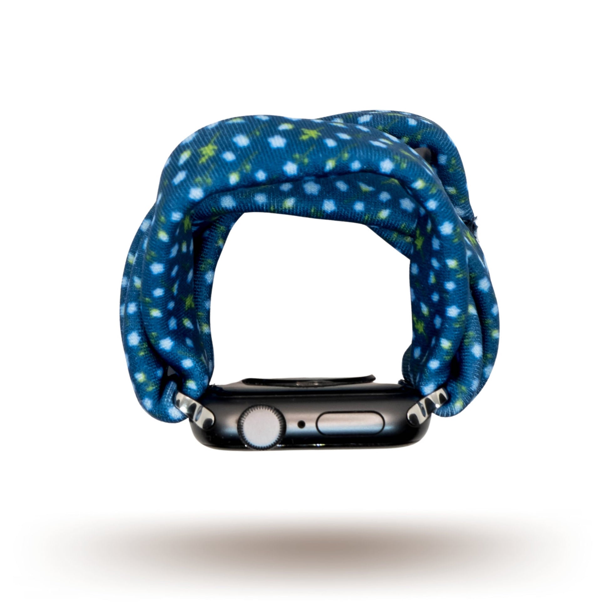 Cobalt Vineyard Yoga Band® featuring a blue and green vine print on a deep cobalt blue fabric. A breathable, stretchy watch strap with a patent-pending design compatible with Apple Watch, Fitbit, and Samsung Galaxy models.