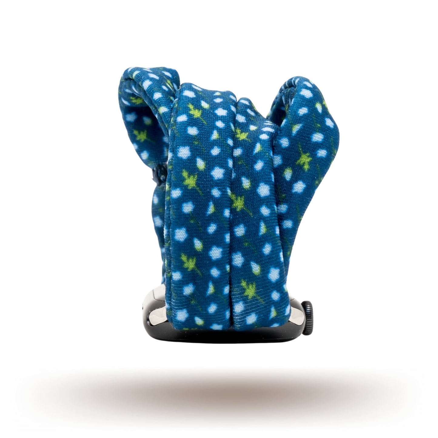 Cobalt Vineyard Yoga Band® featuring a blue and green vine print on a deep cobalt blue fabric. A breathable, stretchy watch strap with a patent-pending design compatible with Apple Watch, Fitbit, and Samsung Galaxy models.