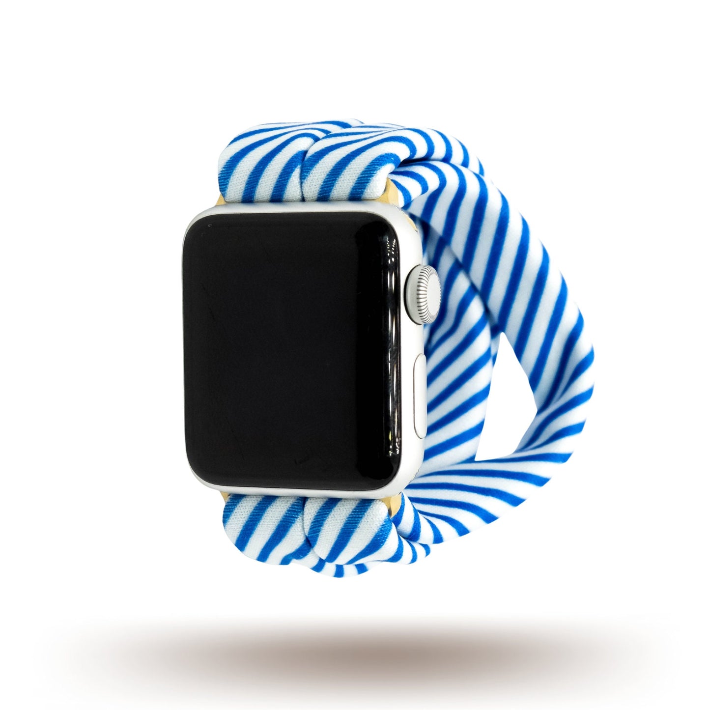 Collegiate Stripes Yoga Band® featuring bold royal blue and white stripes. A breathable, stretchy watch strap with a patent-pending design compatible with Apple Watch, Fitbit, and Samsung Galaxy models.