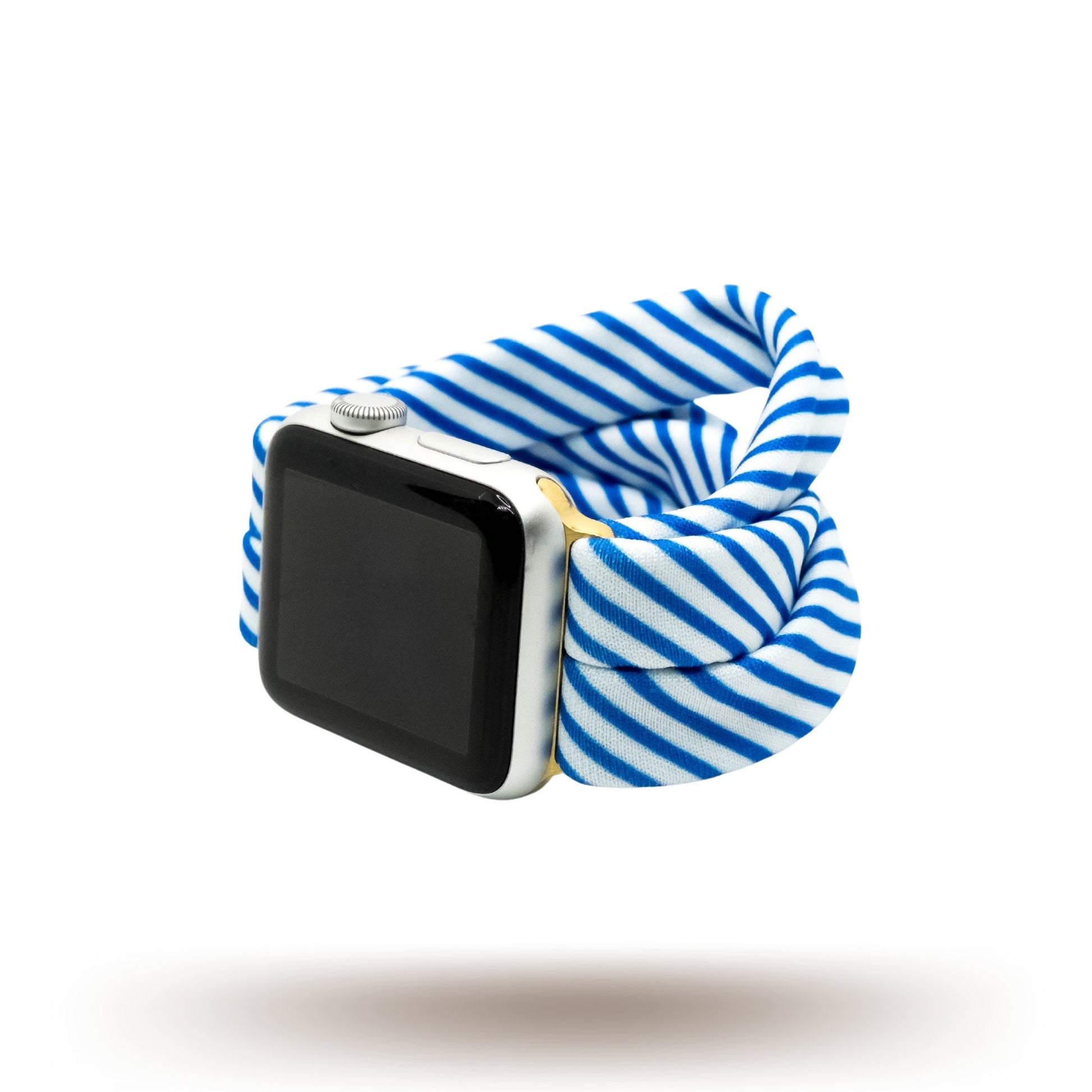 Collegiate Stripes Yoga Band® featuring bold royal blue and white stripes. A breathable, stretchy watch strap with a patent-pending design compatible with Apple Watch, Fitbit, and Samsung Galaxy models.