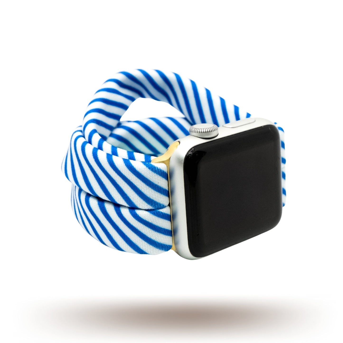 Collegiate Stripes Yoga Band® featuring bold royal blue and white stripes. A breathable, stretchy watch strap with a patent-pending design compatible with Apple Watch, Fitbit, and Samsung Galaxy models.