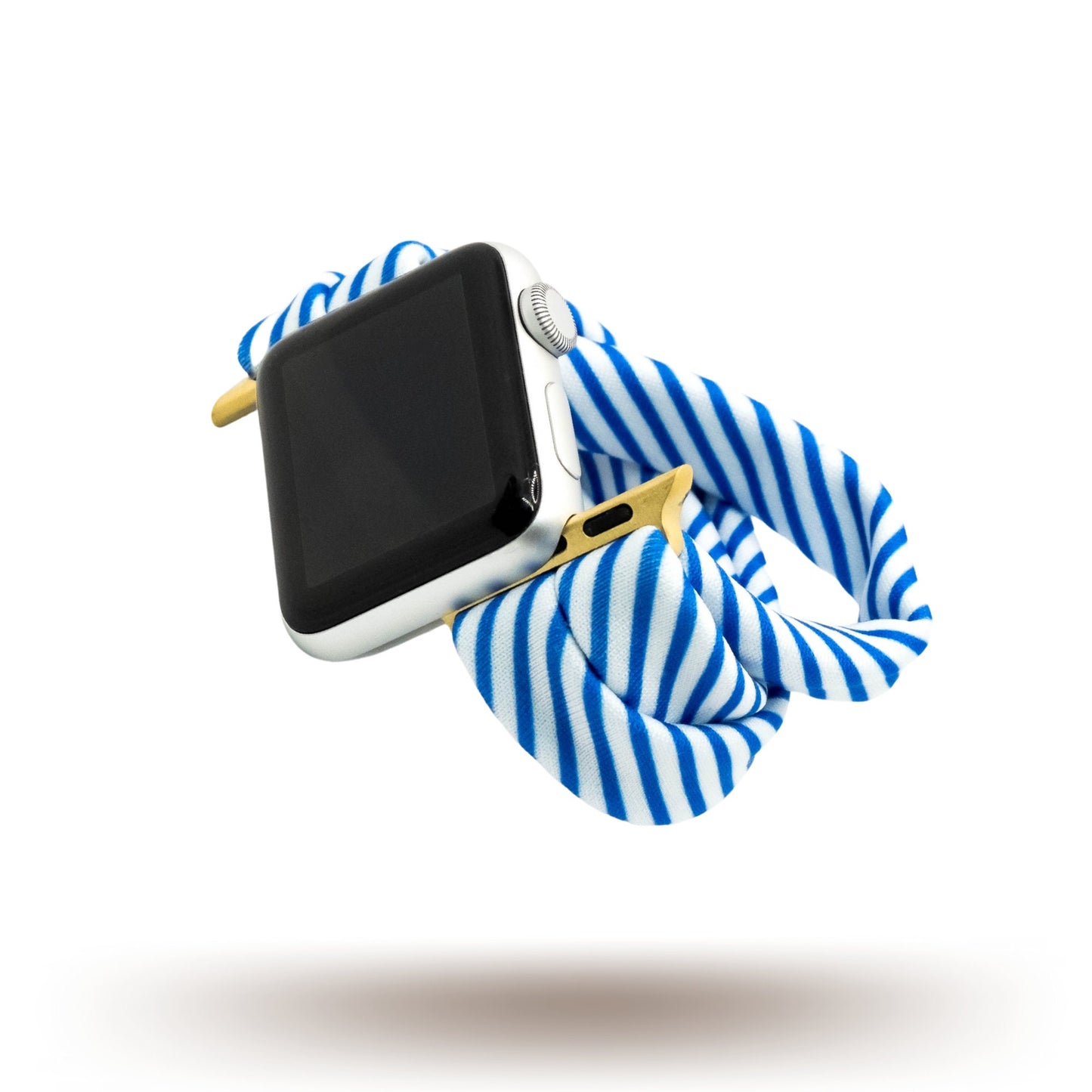 Collegiate Stripes Yoga Band® featuring bold royal blue and white stripes. A breathable, stretchy watch strap with a patent-pending design compatible with Apple Watch, Fitbit, and Samsung Galaxy models.