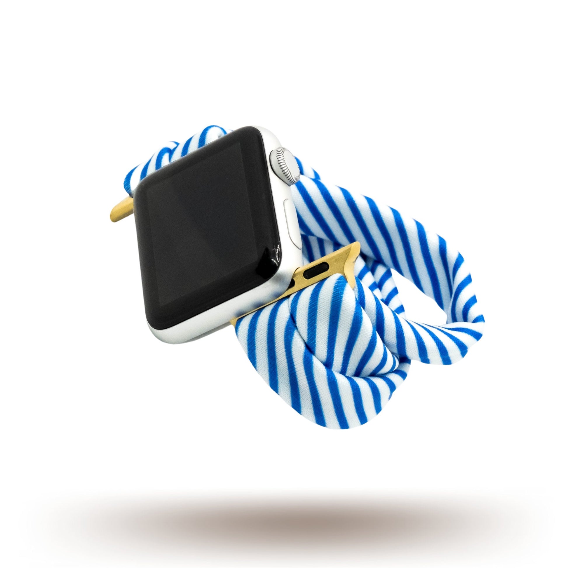 Collegiate Stripes Yoga Band® featuring bold royal blue and white stripes. A breathable, stretchy watch strap with a patent-pending design compatible with Apple Watch, Fitbit, and Samsung Galaxy models.