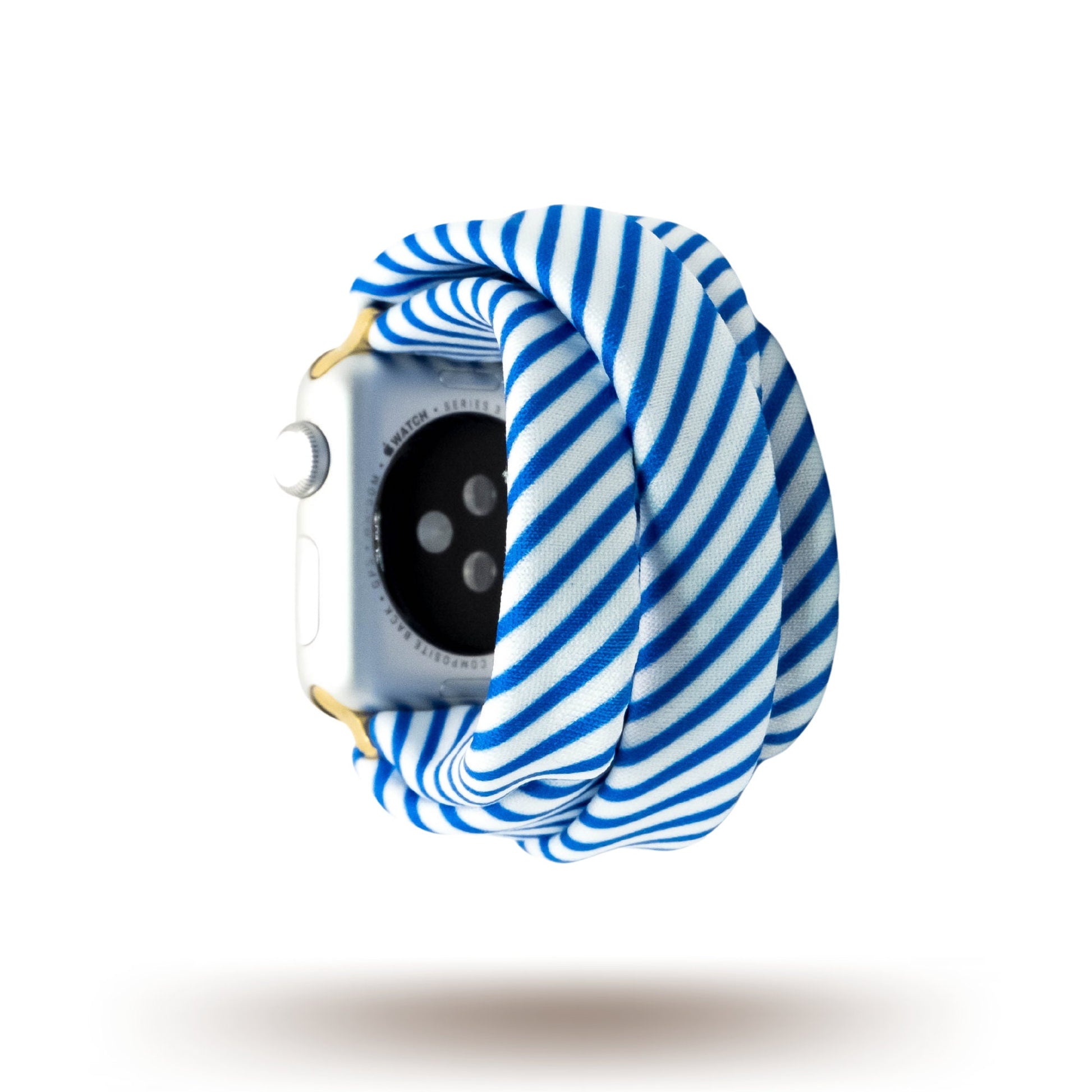 Collegiate Stripes Yoga Band® featuring bold royal blue and white stripes. A breathable, stretchy watch strap with a patent-pending design compatible with Apple Watch, Fitbit, and Samsung Galaxy models.