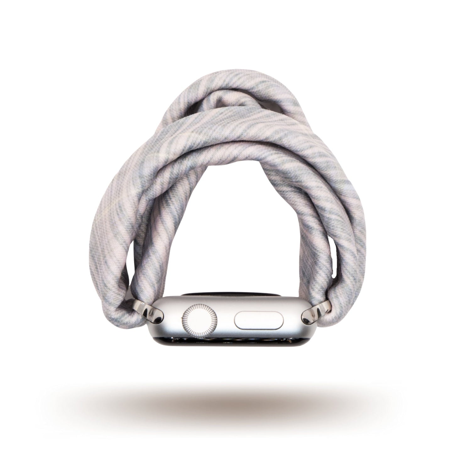 Crosshatch Pink Yoga Band® featuring a subtle crosshatch pattern on light pink fabric. A breathable, stretchy watch strap with a patent-pending design compatible with Apple Watch, Fitbit, and Samsung Galaxy models.