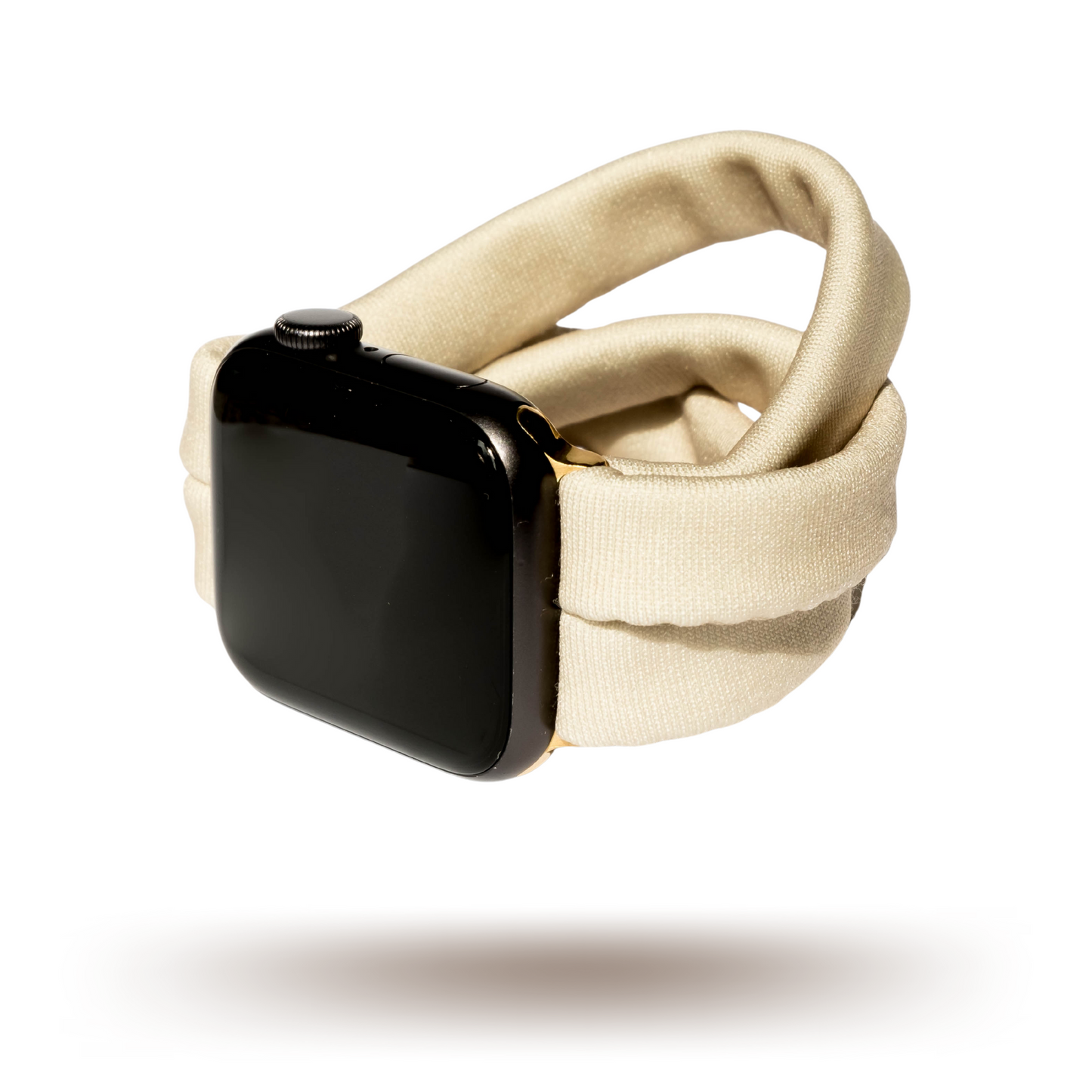 Desert Khaki Yoga Band® in a solid light tan knit fabric. A breathable, stretchy watch strap with a patent-pending design compatible with Apple Watch, Fitbit, and Samsung Galaxy models.