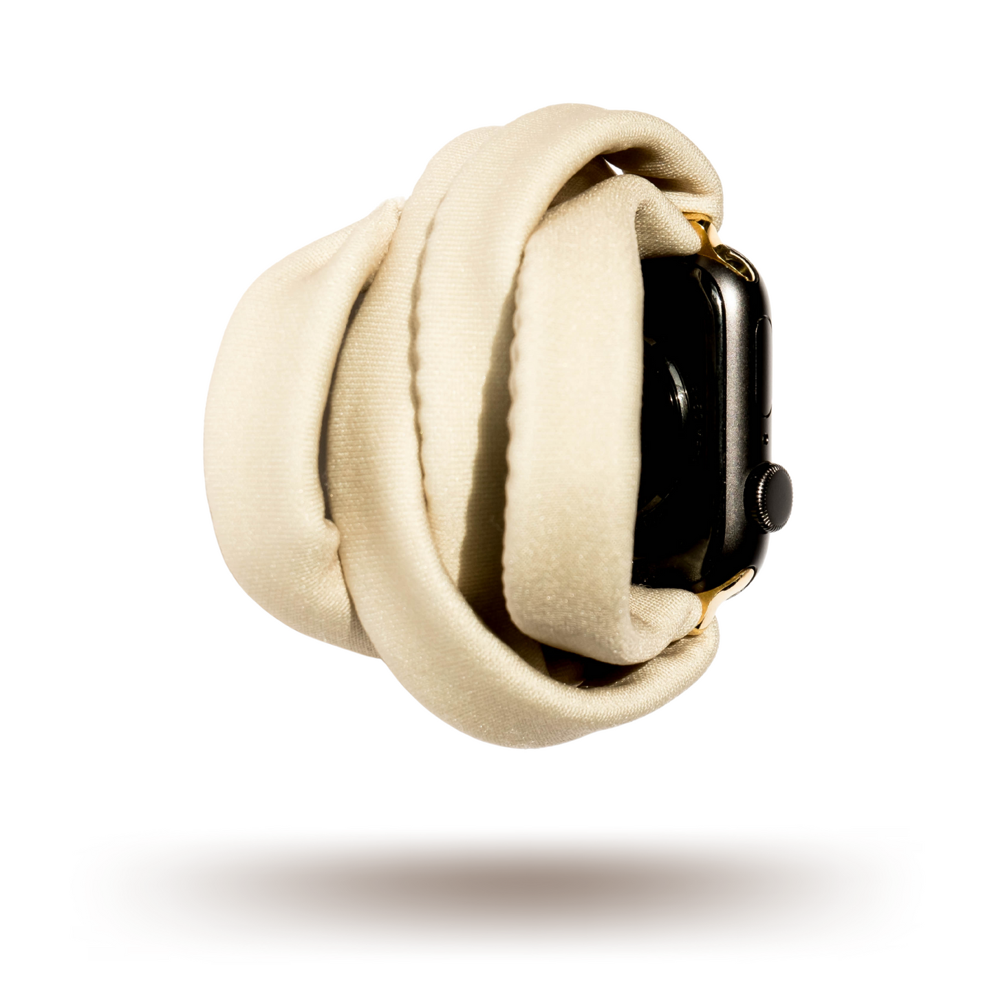 Desert Khaki Yoga Band® in a solid light tan knit fabric. A breathable, stretchy watch strap with a patent-pending design compatible with Apple Watch, Fitbit, and Samsung Galaxy models.