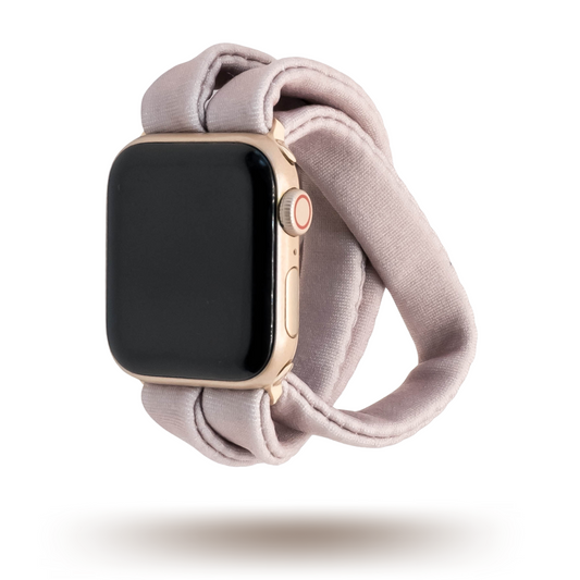 Dusty Purple Yoga Band® in a muted, faded purple knit fabric. A breathable, stretchy watch strap with a patent-pending design compatible with Apple Watch, Fitbit, and Samsung Galaxy models.