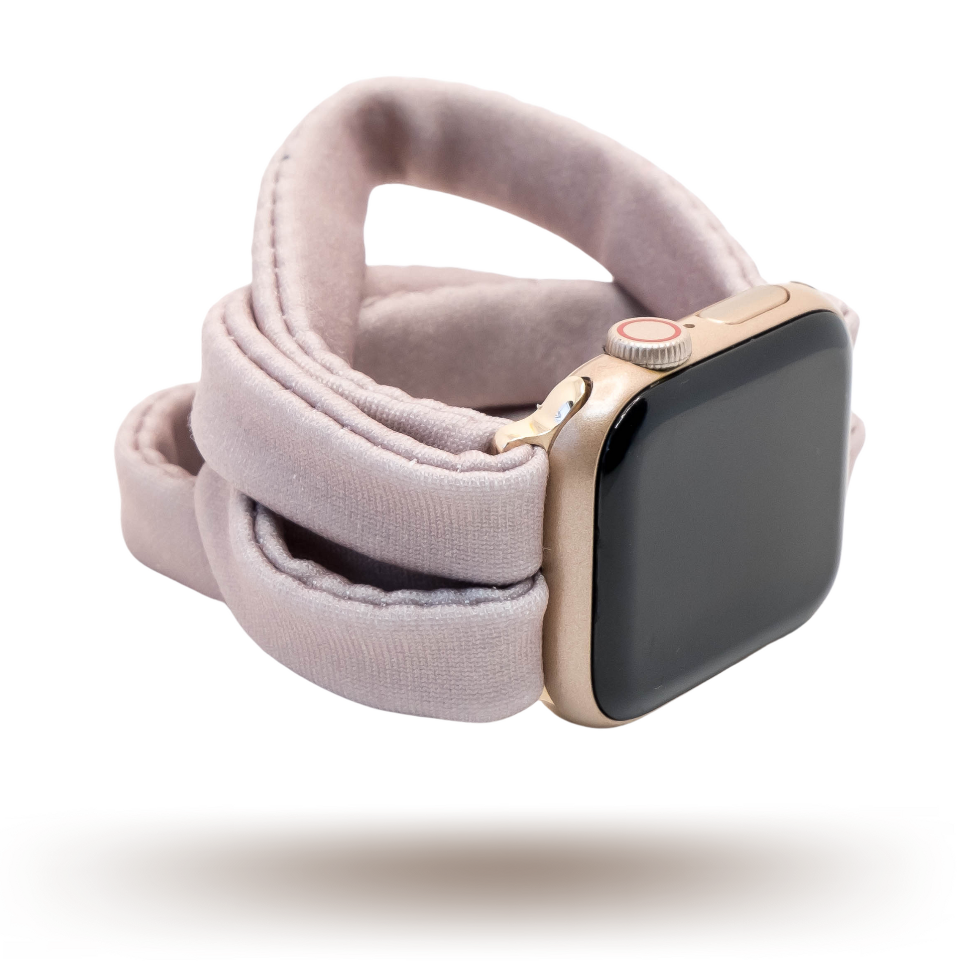 Dusty Purple Yoga Band® in a muted, faded purple knit fabric. A breathable, stretchy watch strap with a patent-pending design compatible with Apple Watch, Fitbit, and Samsung Galaxy models.