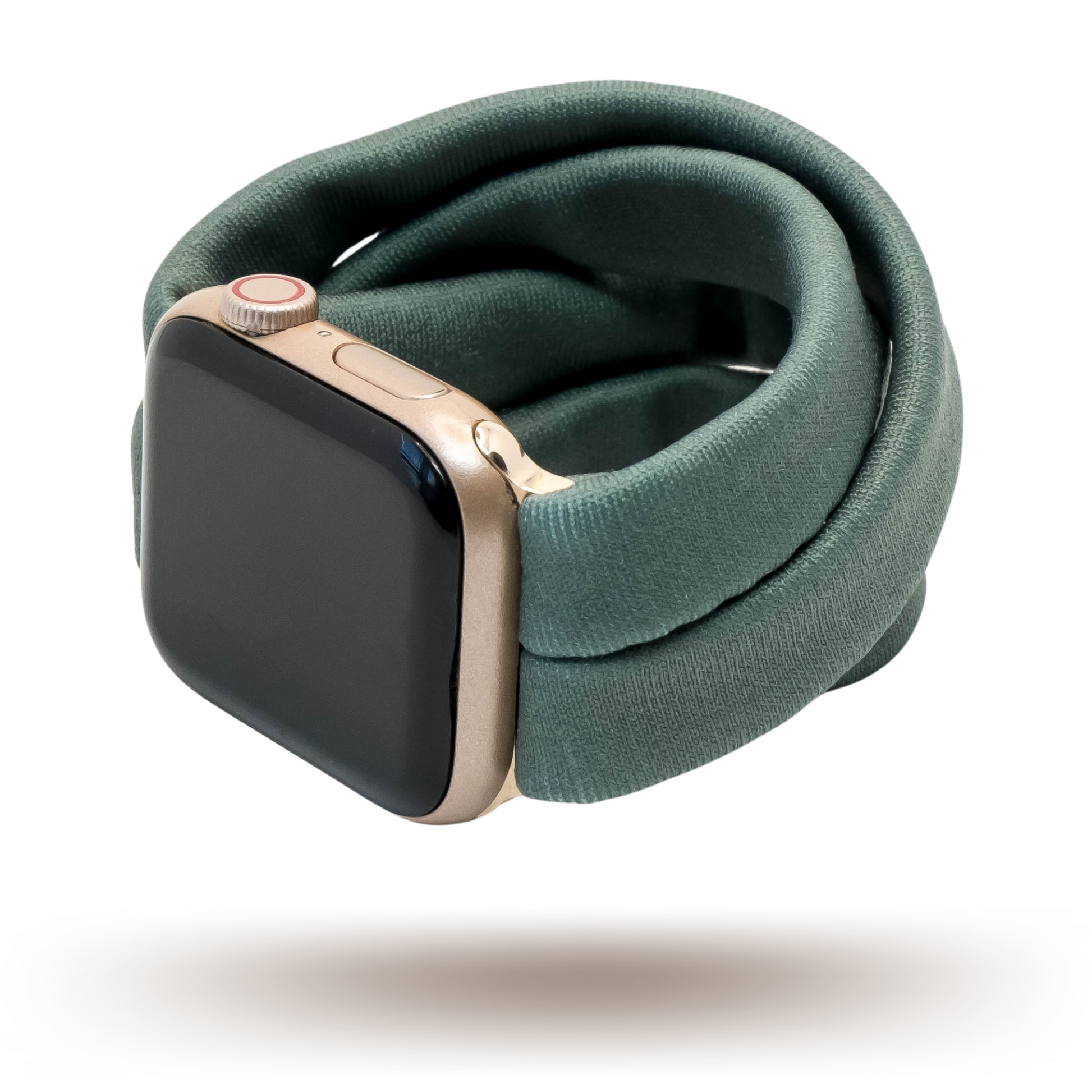 Evergreen Fog Yoga Band® in a solid dark green-grey knit fabric. A breathable, stretchy watch strap with a patent-pending design compatible with Apple Watch, Fitbit, and Samsung Galaxy models.