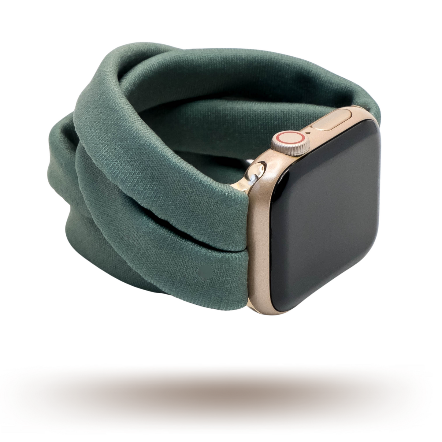 Evergreen Fog Yoga Band® in a solid dark green-grey knit fabric. A breathable, stretchy watch strap with a patent-pending design compatible with Apple Watch, Fitbit, and Samsung Galaxy models.