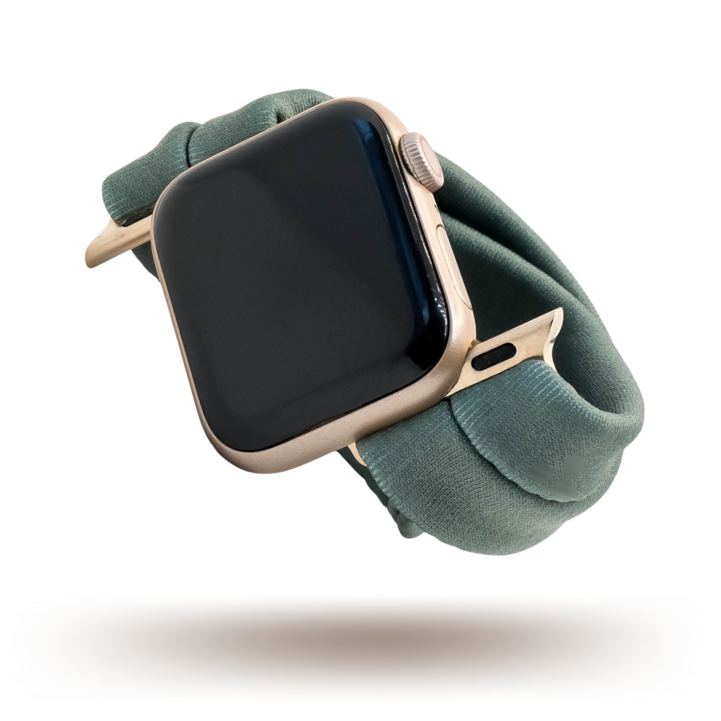 Evergreen Fog Yoga Band® in a solid dark green-grey knit fabric. A breathable, stretchy watch strap with a patent-pending design compatible with Apple Watch, Fitbit, and Samsung Galaxy models.