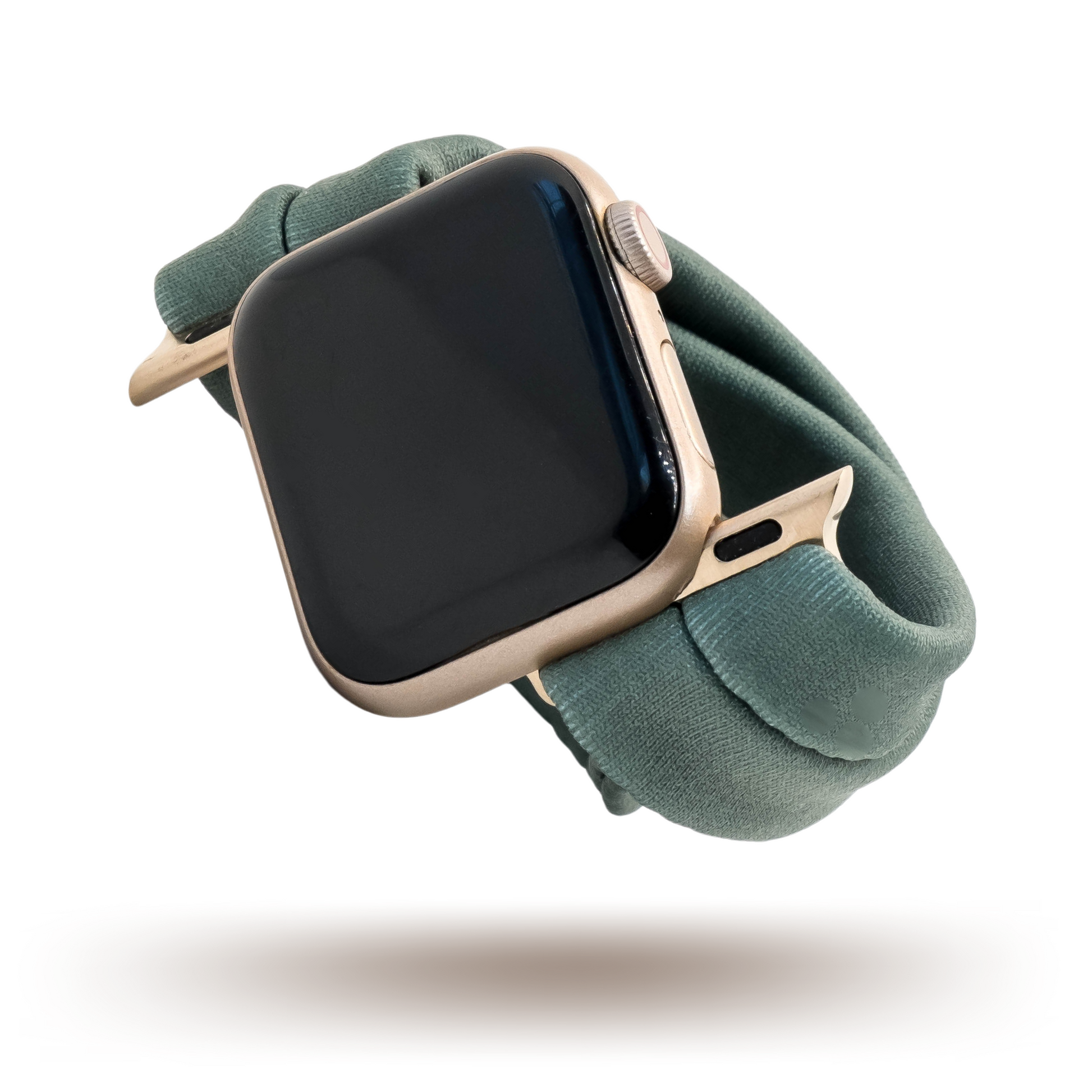 Evergreen Fog Yoga Band® in a solid dark green-grey knit fabric. A breathable, stretchy watch strap with a patent-pending design compatible with Apple Watch, Fitbit, and Samsung Galaxy models.