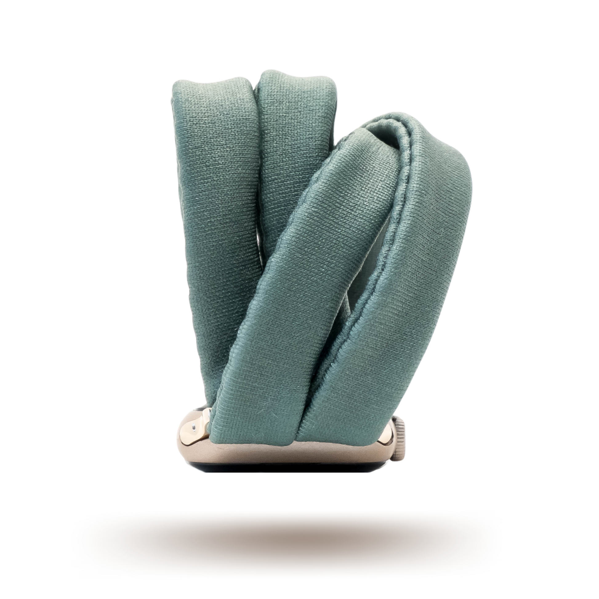 Evergreen Fog Yoga Band® in a solid dark green-grey knit fabric. A breathable, stretchy watch strap with a patent-pending design compatible with Apple Watch, Fitbit, and Samsung Galaxy models.