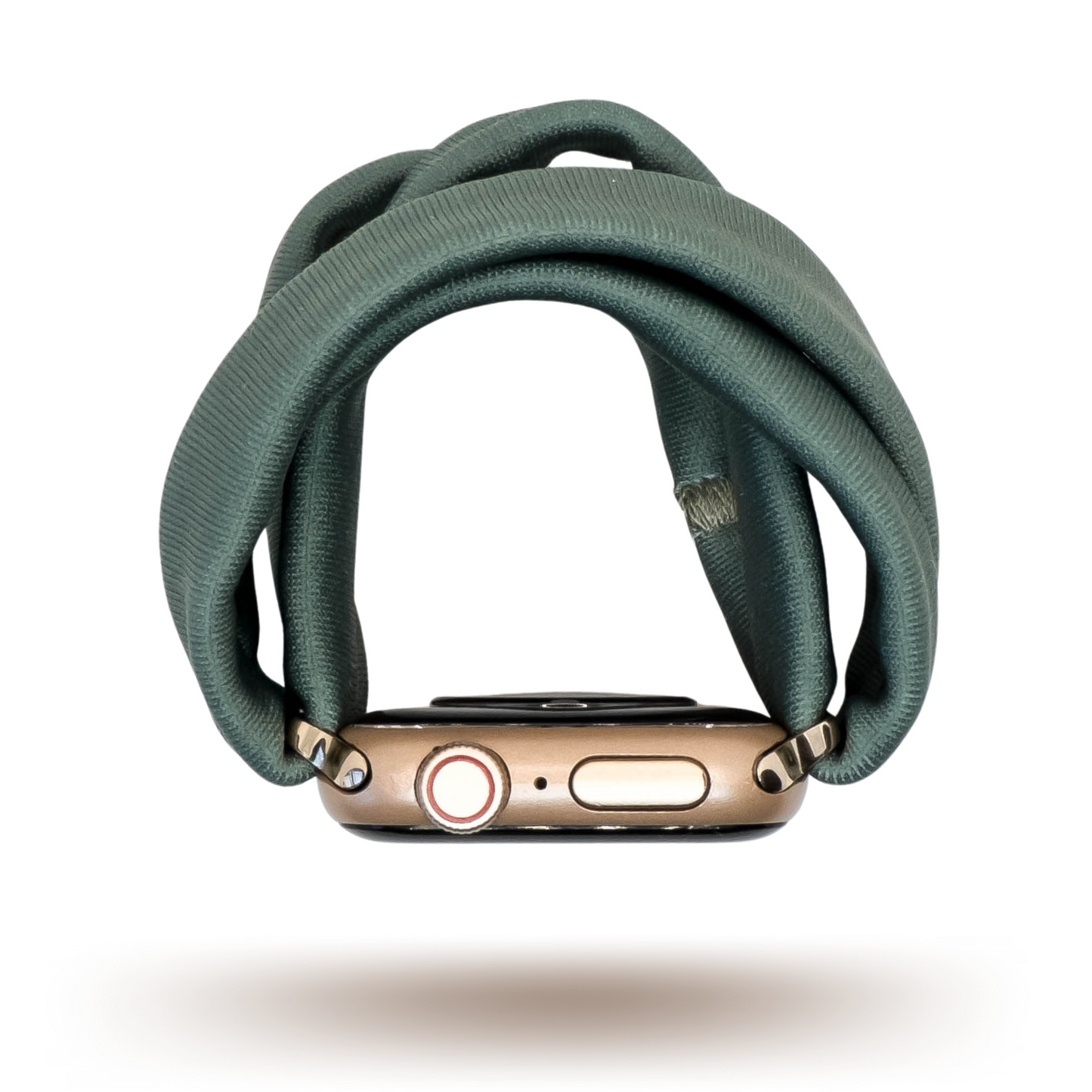 Evergreen Fog Yoga Band® in a solid dark green-grey knit fabric. A breathable, stretchy watch strap with a patent-pending design compatible with Apple Watch, Fitbit, and Samsung Galaxy models.