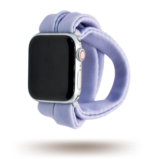 Faded Lilac Yoga Band® in a bright pastel light purple knit fabric. A breathable, stretchy watch strap with a patent-pending design compatible with Apple Watch, Fitbit, and Samsung Galaxy models.